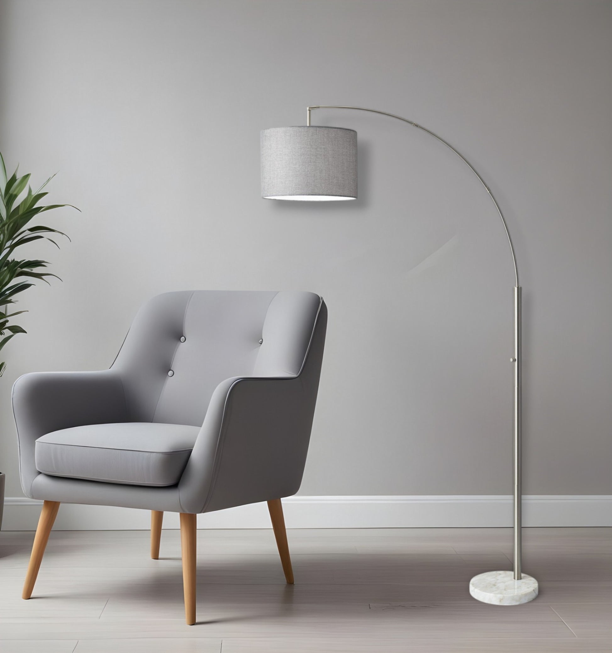 74" Brass Metal Arc Floor Lamp With Off White Linen Drum Shade-Floor Lamps-DECOROLALA