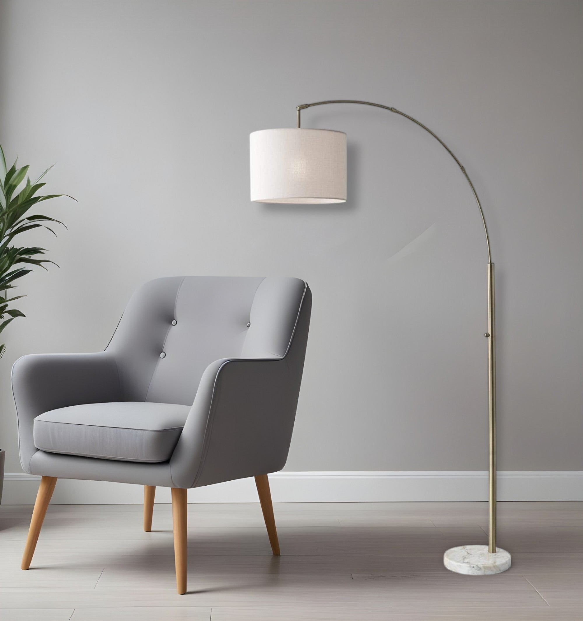 74" Brass Metal Arc Floor Lamp With Off White Linen Drum Shade-Floor Lamps-DECOROLALA