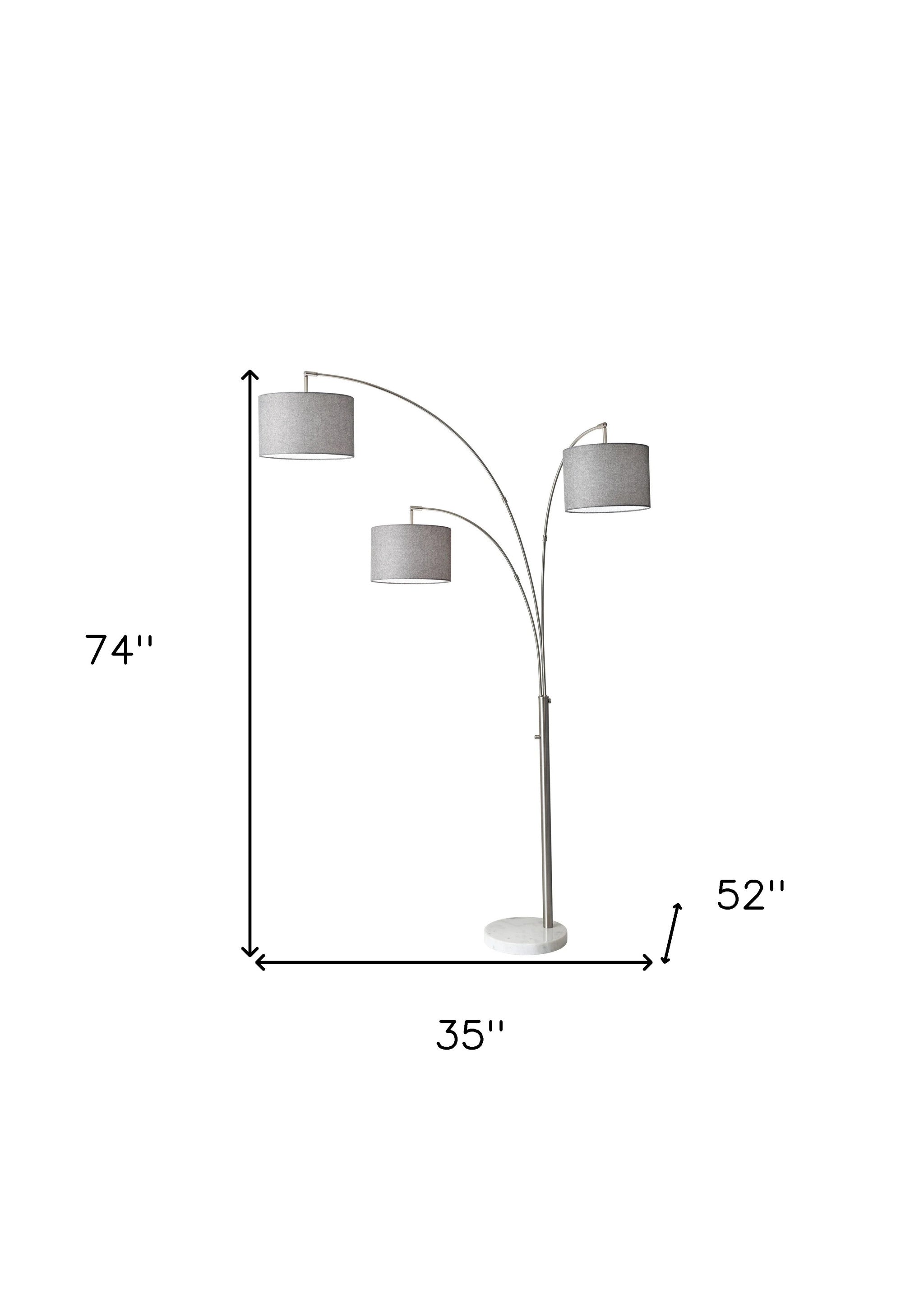 74" Brass Three Light Arc Floor Lamp With Off White Fabric Drum Shade-Floor Lamps-DECOROLALA