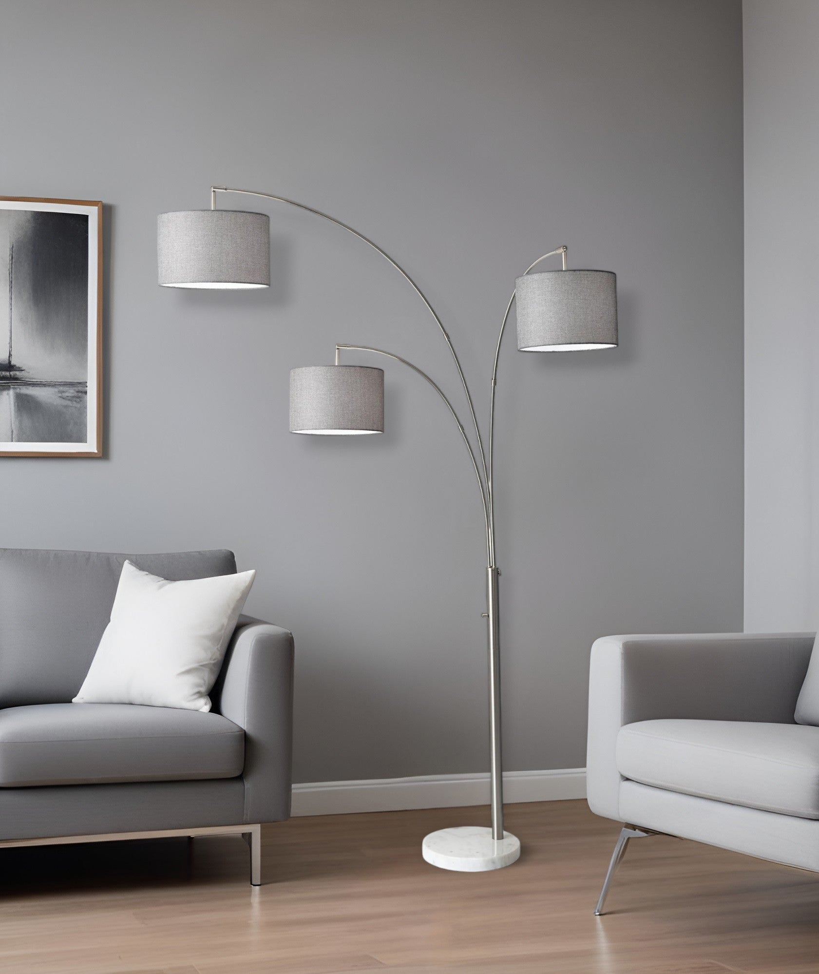 74" Brass Three Light Arc Floor Lamp With Off White Fabric Drum Shade-Floor Lamps-DECOROLALA