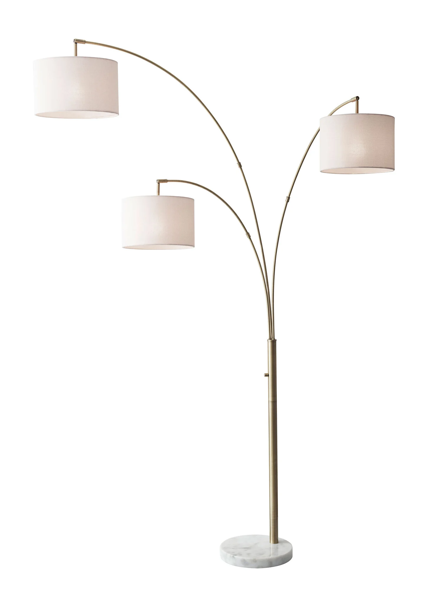 74" Brass Three Light Arc Floor Lamp With Off White Fabric Drum Shade-Floor Lamps-DECOROLALA
