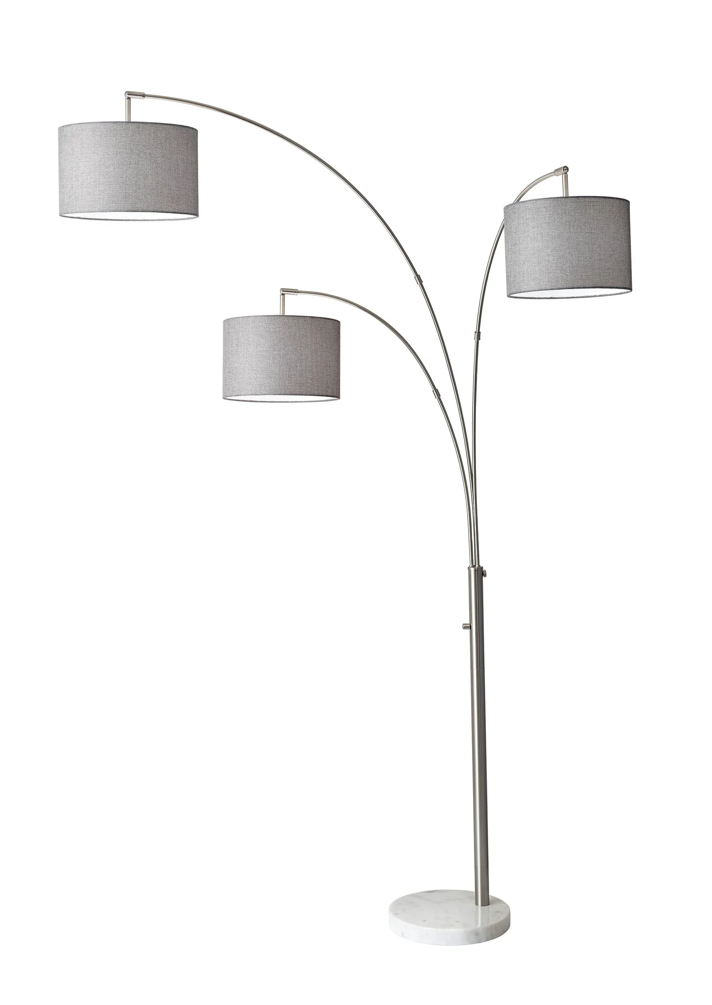 74" Brass Three Light Arc Floor Lamp With Off White Fabric Drum Shade-Floor Lamps-DECOROLALA