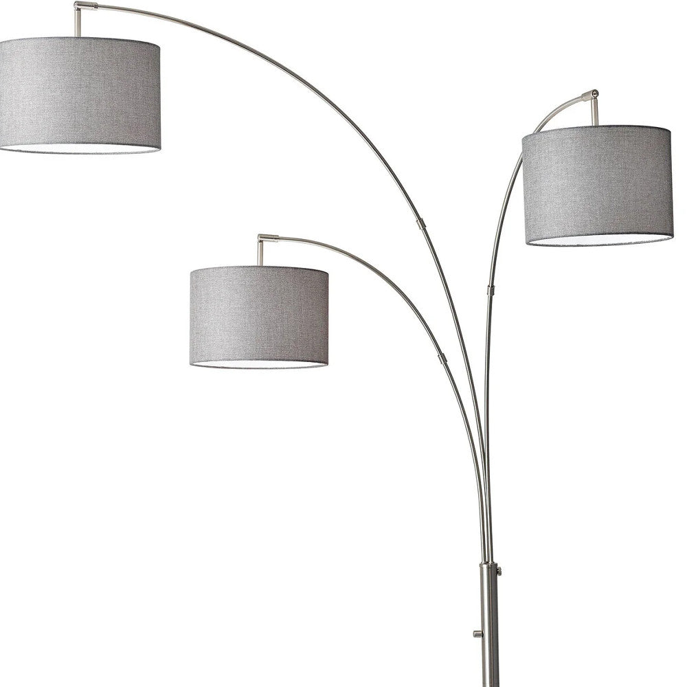 74" Brass Three Light Arc Floor Lamp With Off White Fabric Drum Shade-Floor Lamps-DECOROLALA