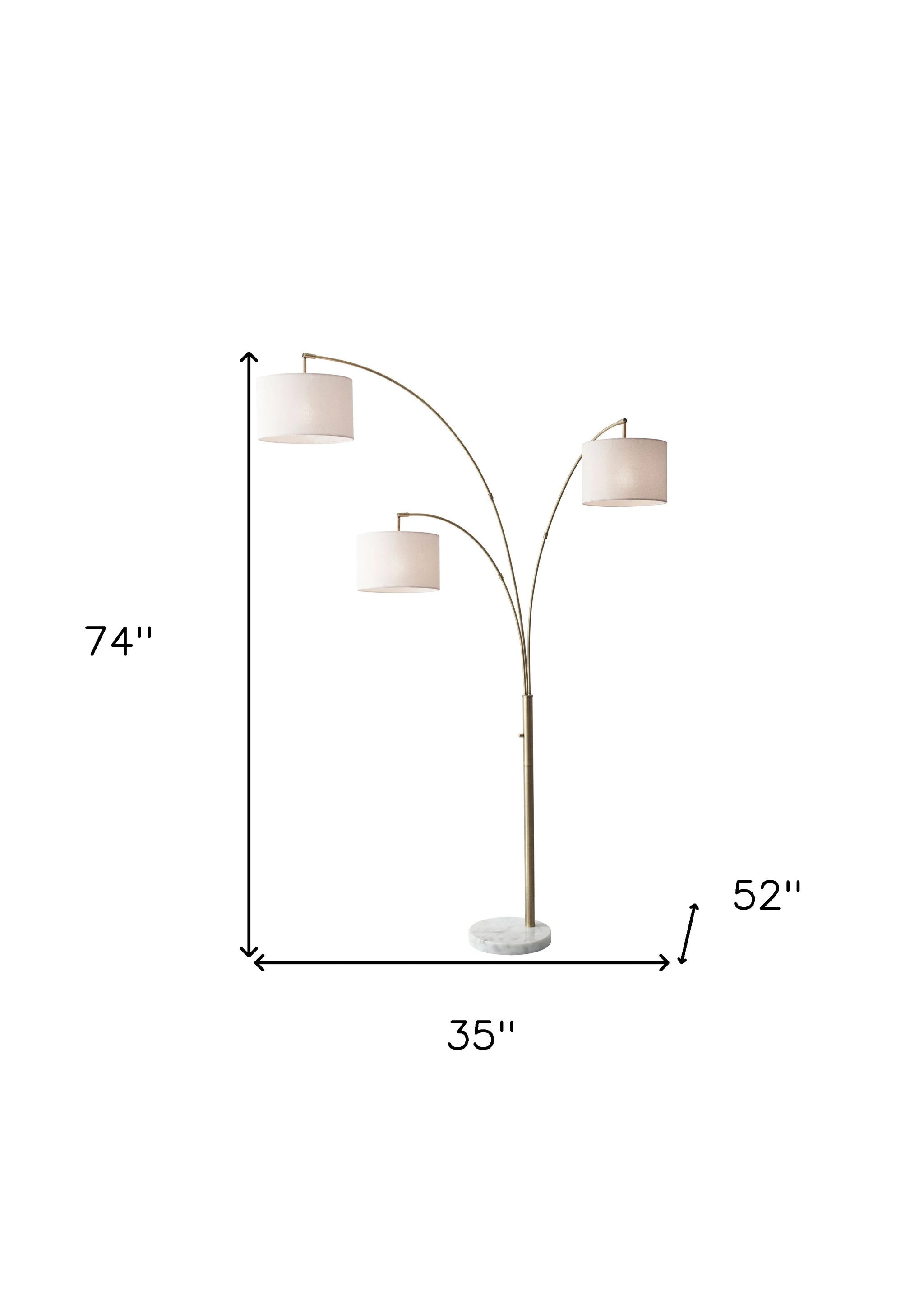 74" Brass Three Light Arc Floor Lamp With Off White Fabric Drum Shade-Floor Lamps-DECOROLALA