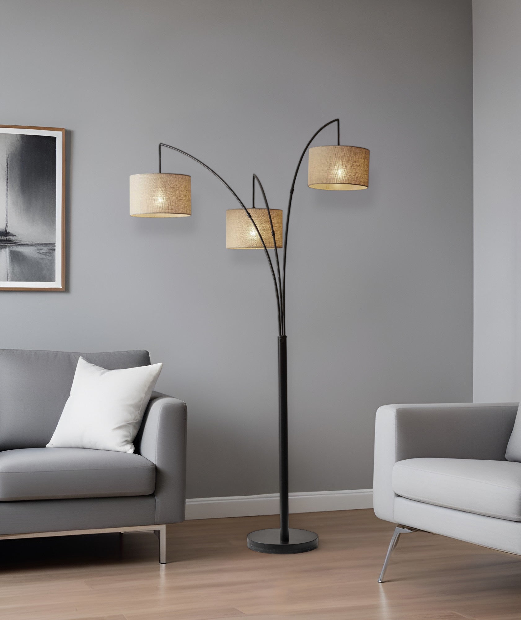 74" Silver Three Light Tree Floor Lamp With White Linen Drum Shade-Floor Lamps-DECOROLALA