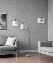 74" Silver Three Light Tree Floor Lamp With White Linen Drum Shade-Floor Lamps-DECOROLALA