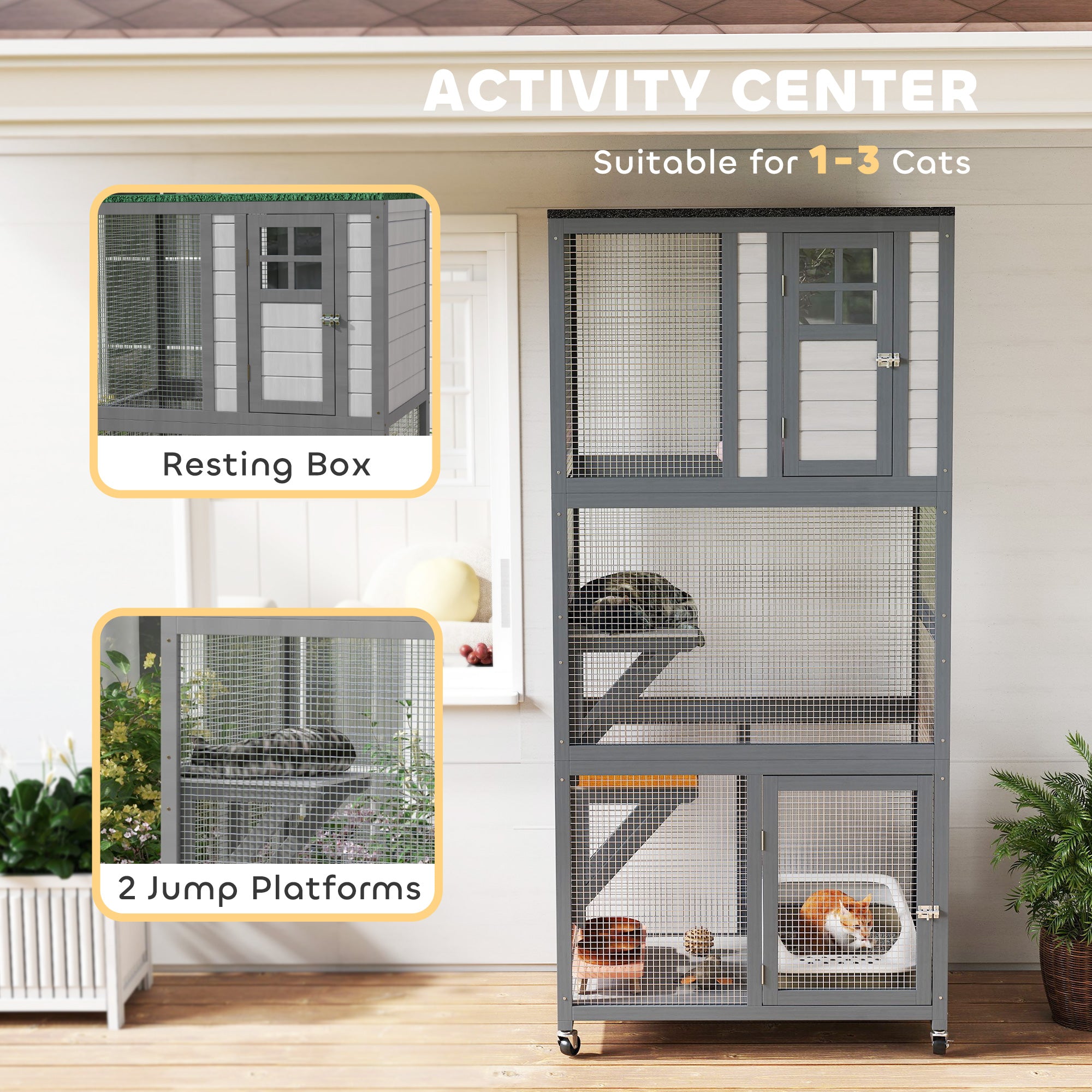 74" Wooden Outdoor Cat House - Weatherproof Light Grey-DECOROLALA