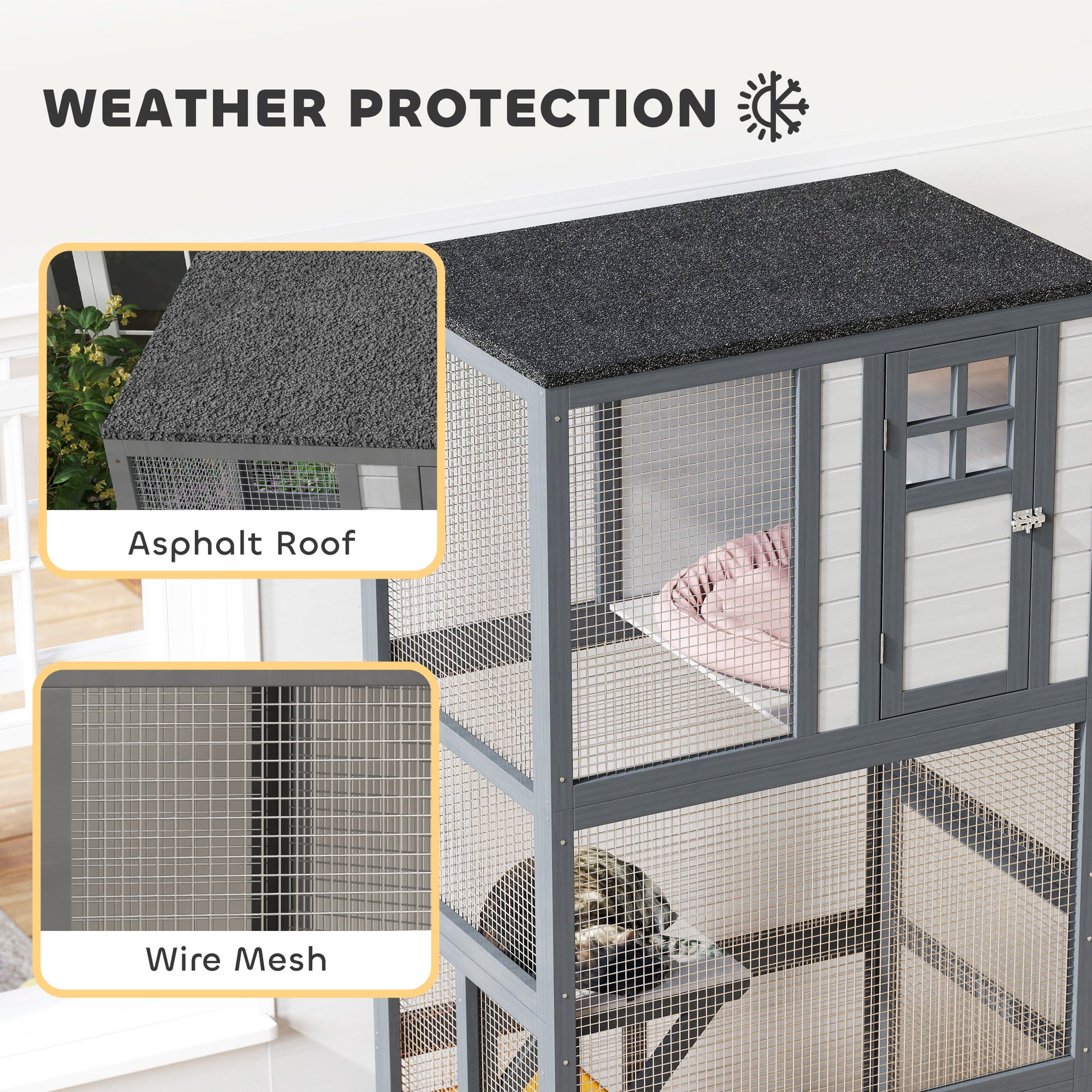 74" Wooden Outdoor Cat House - Weatherproof Light Grey-DECOROLALA
