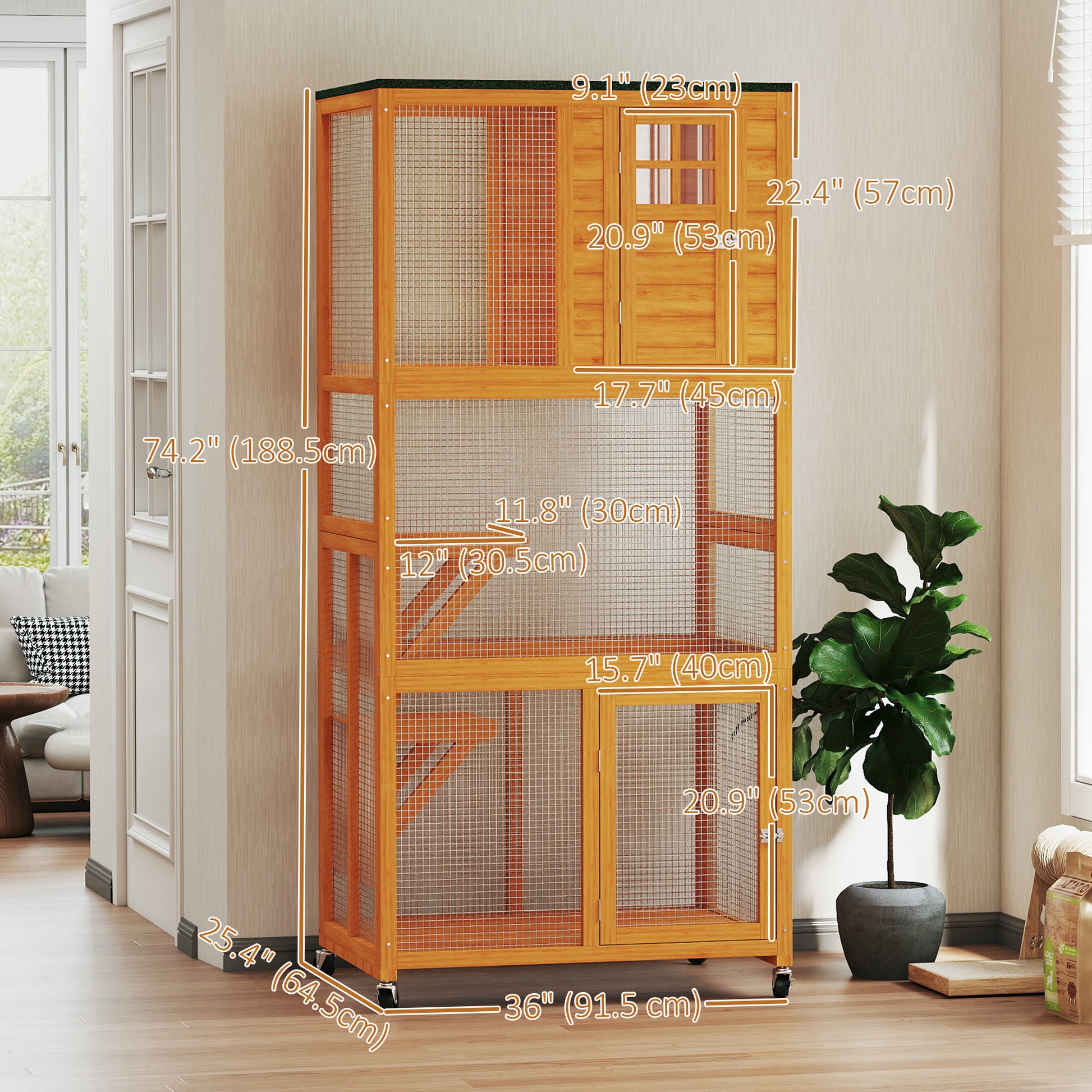 74" Wooden Outdoor Cat House - Weatherproof Orange Cage-DECOROLALA