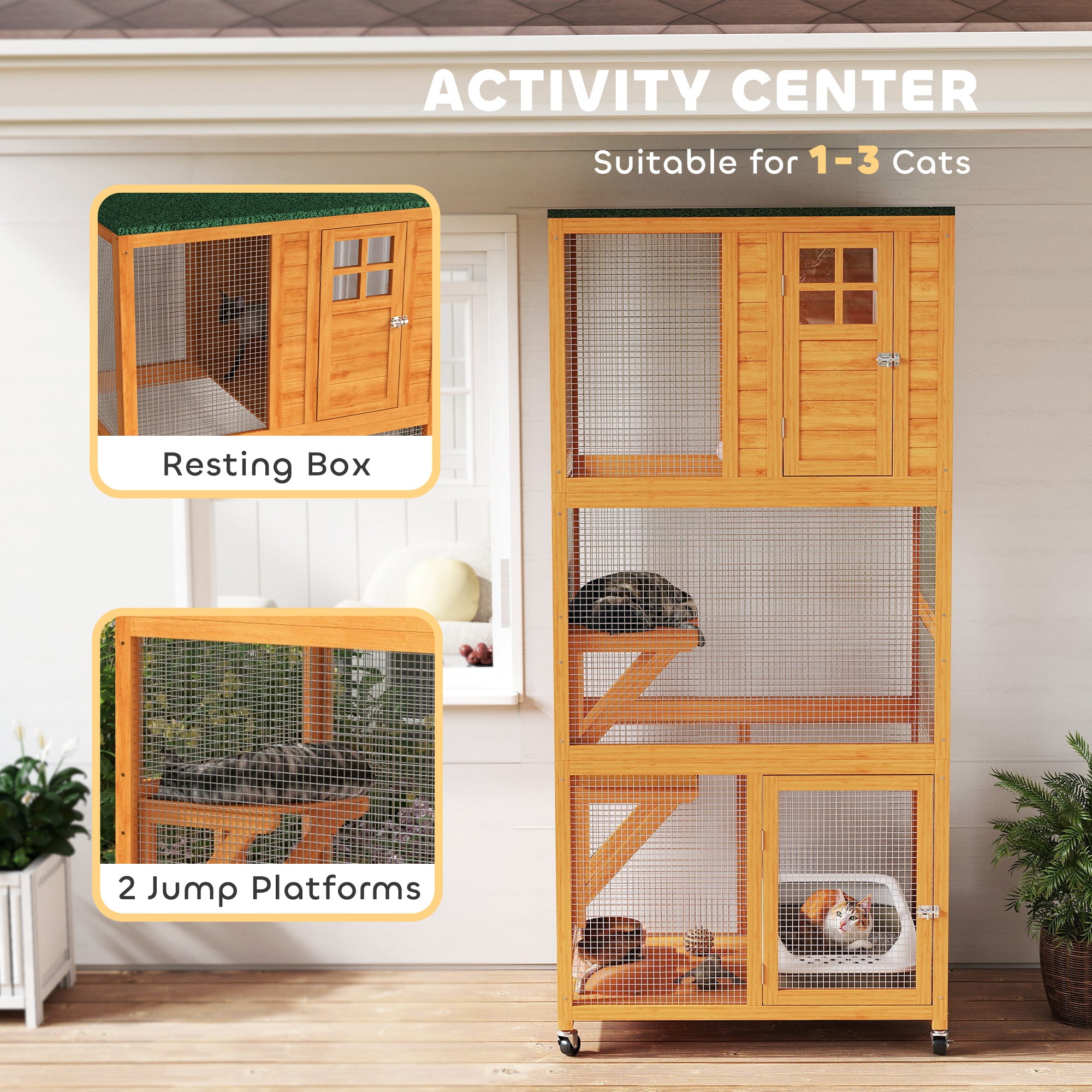74" Wooden Outdoor Cat House - Weatherproof Orange Cage-DECOROLALA