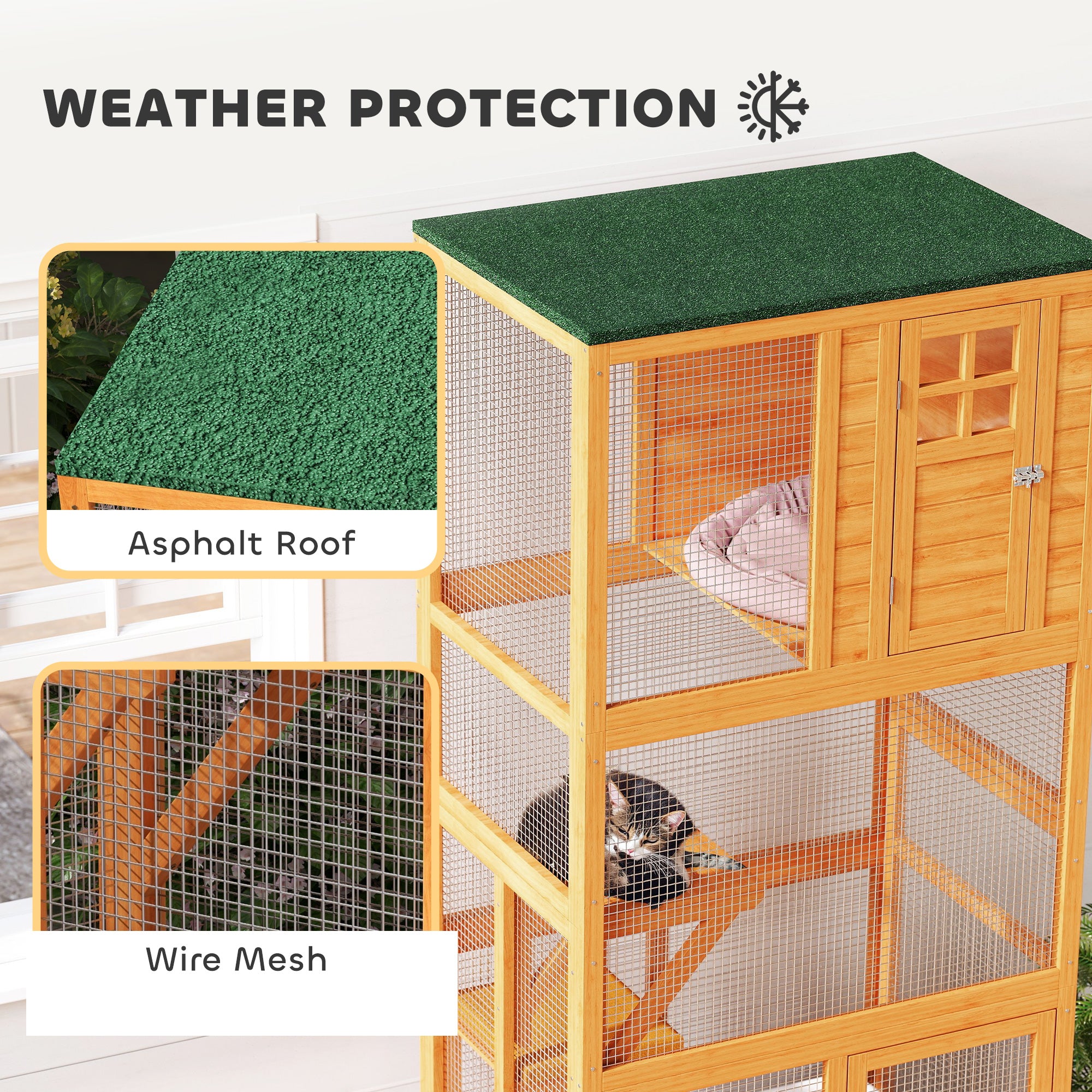 74" Wooden Outdoor Cat House - Weatherproof Orange Cage-DECOROLALA