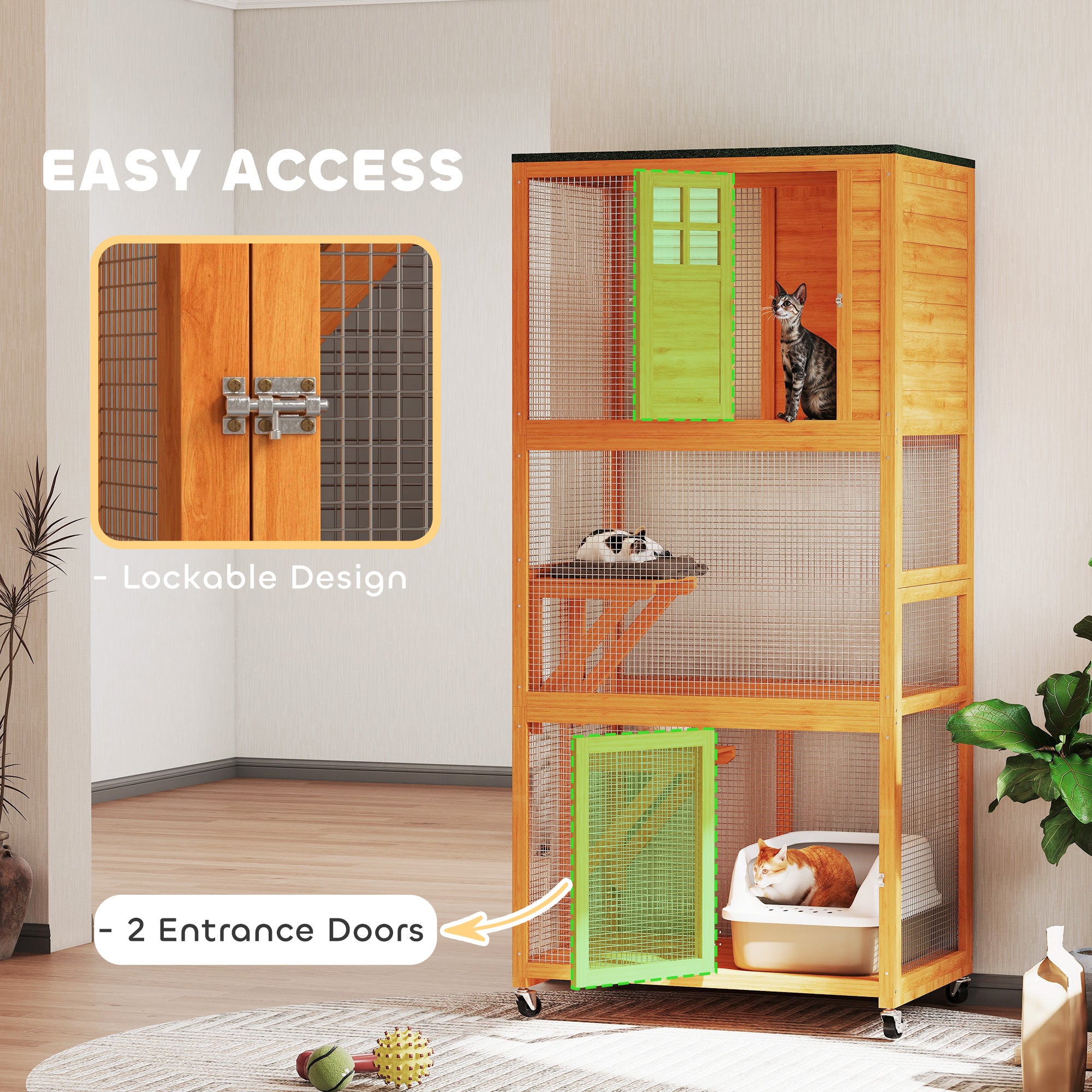 74" Wooden Outdoor Cat House - Weatherproof Orange Cage-DECOROLALA