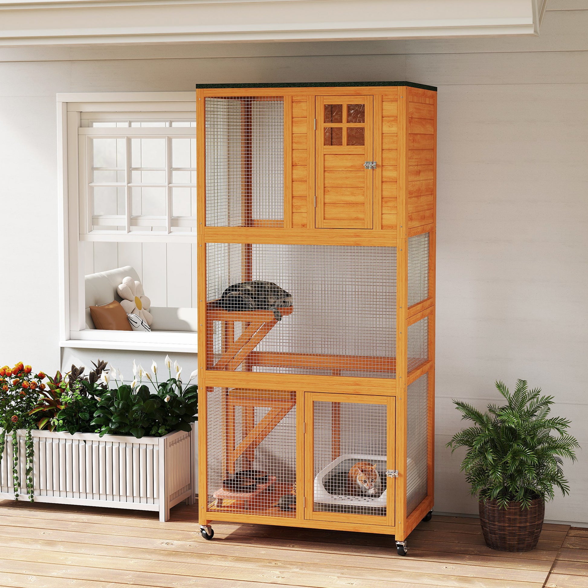 74" Wooden Outdoor Cat House - Weatherproof Orange Cage-DECOROLALA