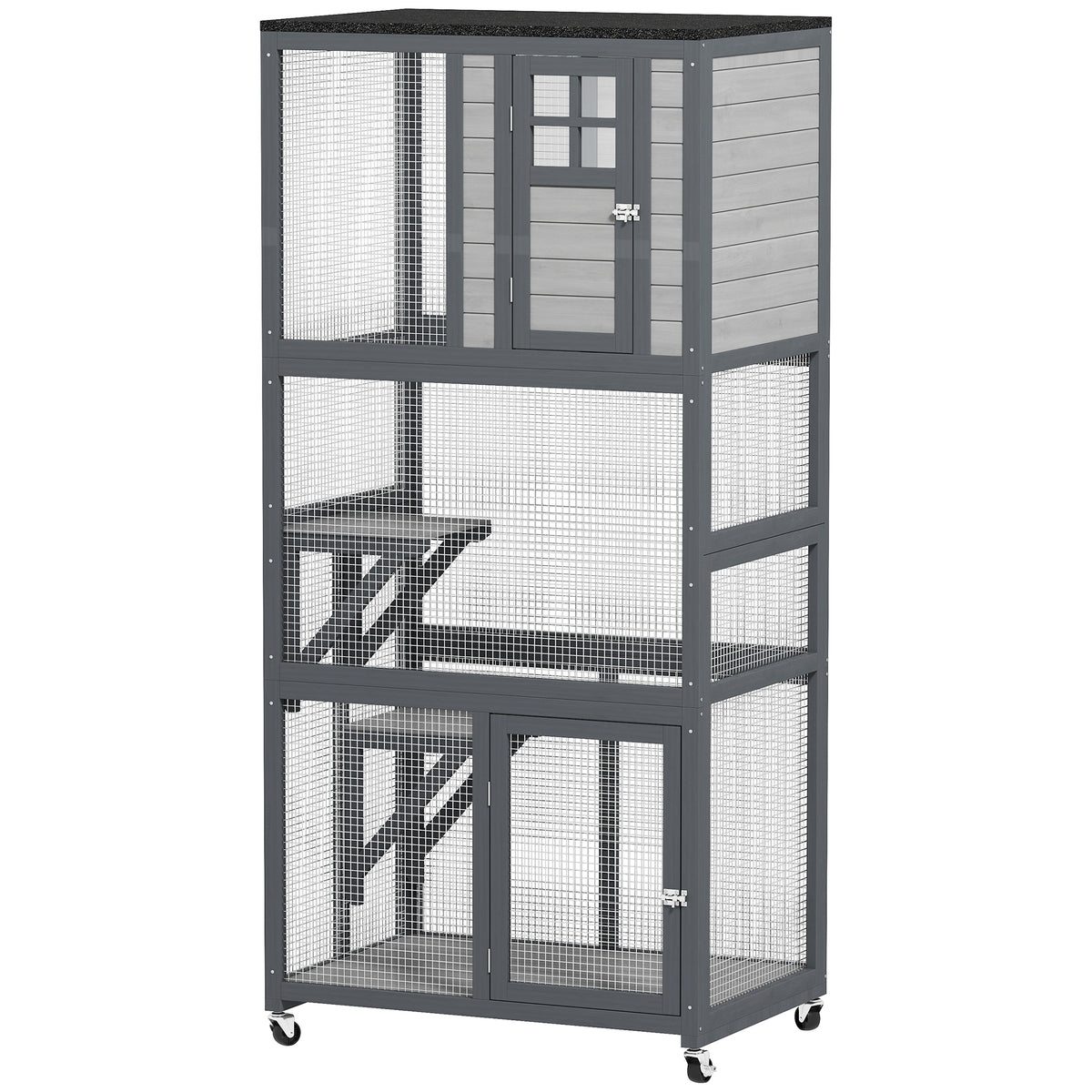 74" Wooden Outdoor Cat House - Weatherproof Wheeled Condo, Light Grey-Cats-DECOROLALA