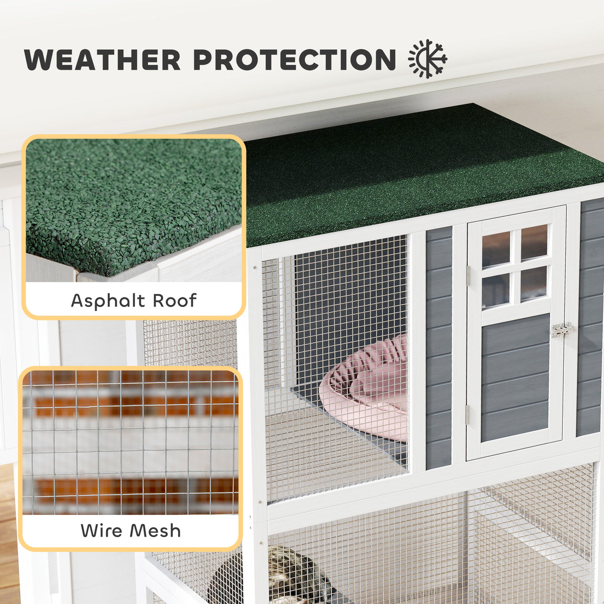 74" Wooden Outdoor Cat House - Weatherproof Wheeled Condo, White-Cats-DECOROLALA