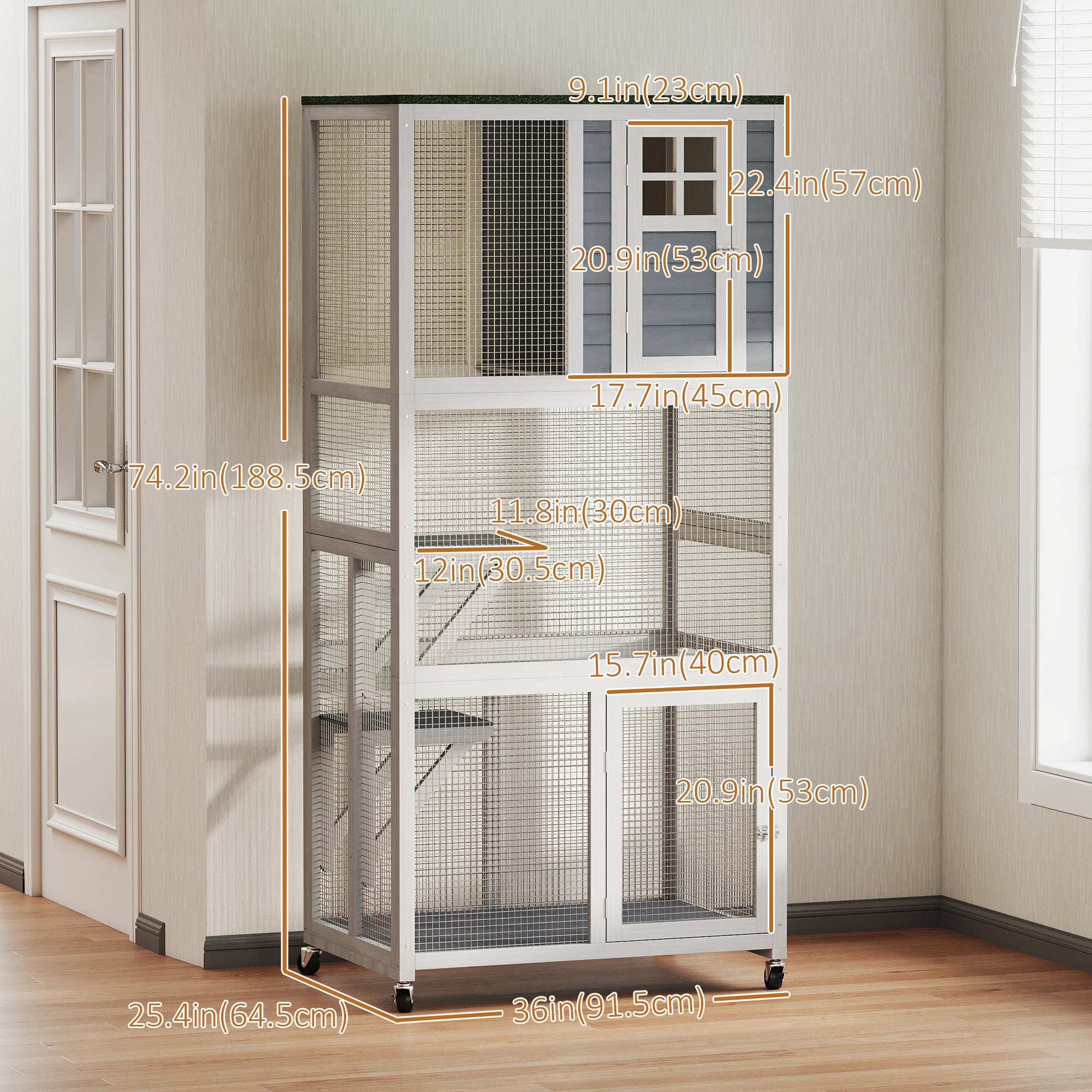 74" Wooden Outdoor Cat House - White Weatherproof Wheeled Enclosure-DECOROLALA