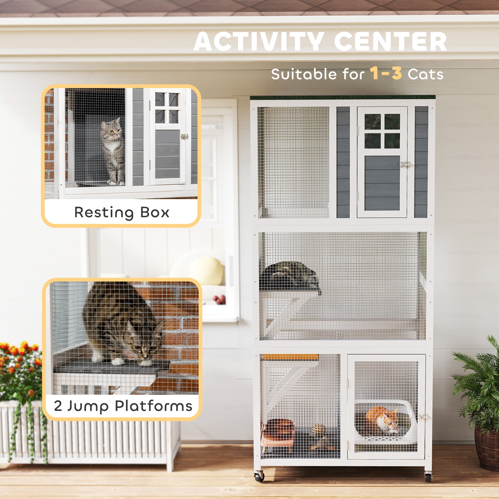 74" Wooden Outdoor Cat House - White Weatherproof Wheeled Enclosure-DECOROLALA