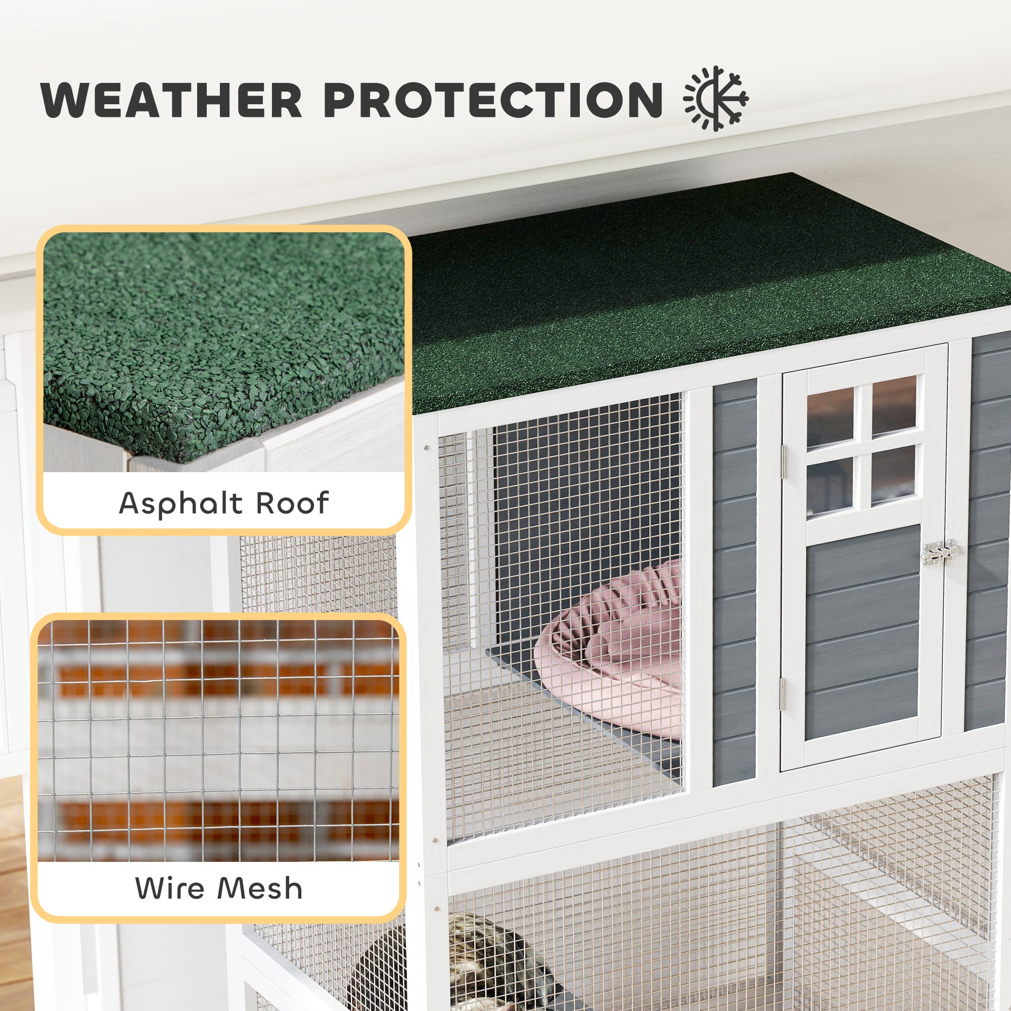 74" Wooden Outdoor Cat House - White Weatherproof Wheeled Enclosure-DECOROLALA