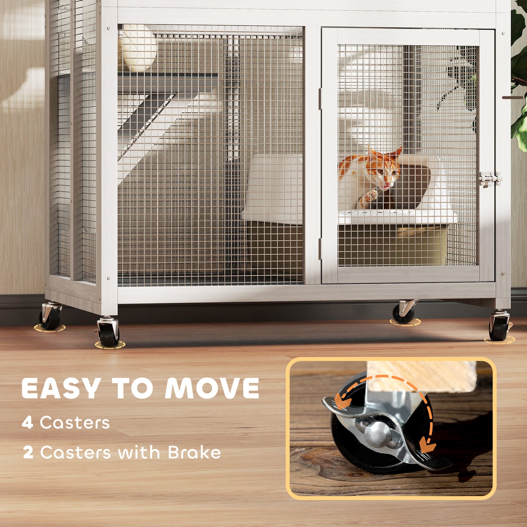 74" Wooden Outdoor Cat House - White Weatherproof Wheeled Enclosure-DECOROLALA