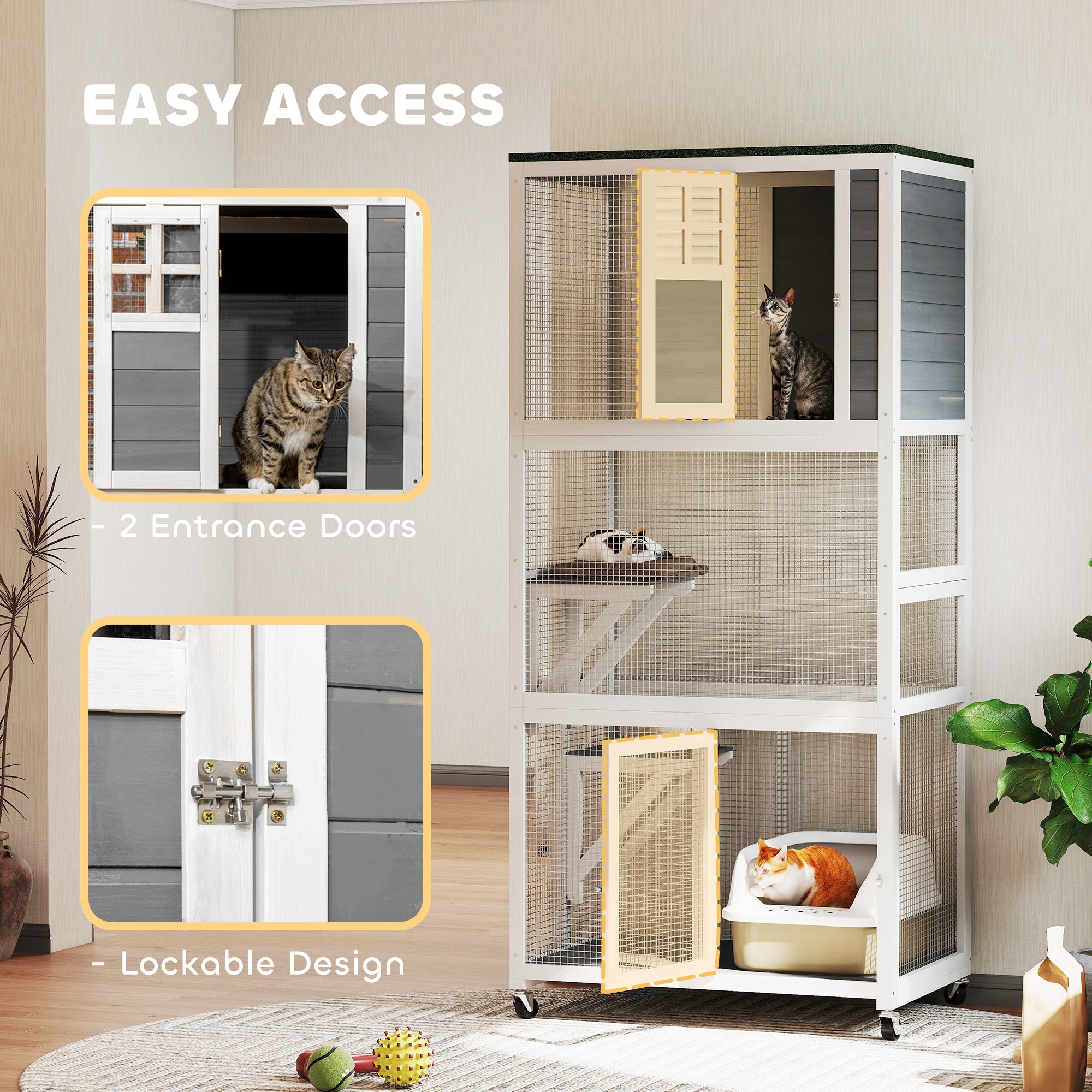 74" Wooden Outdoor Cat House - White Weatherproof Wheeled Enclosure-DECOROLALA