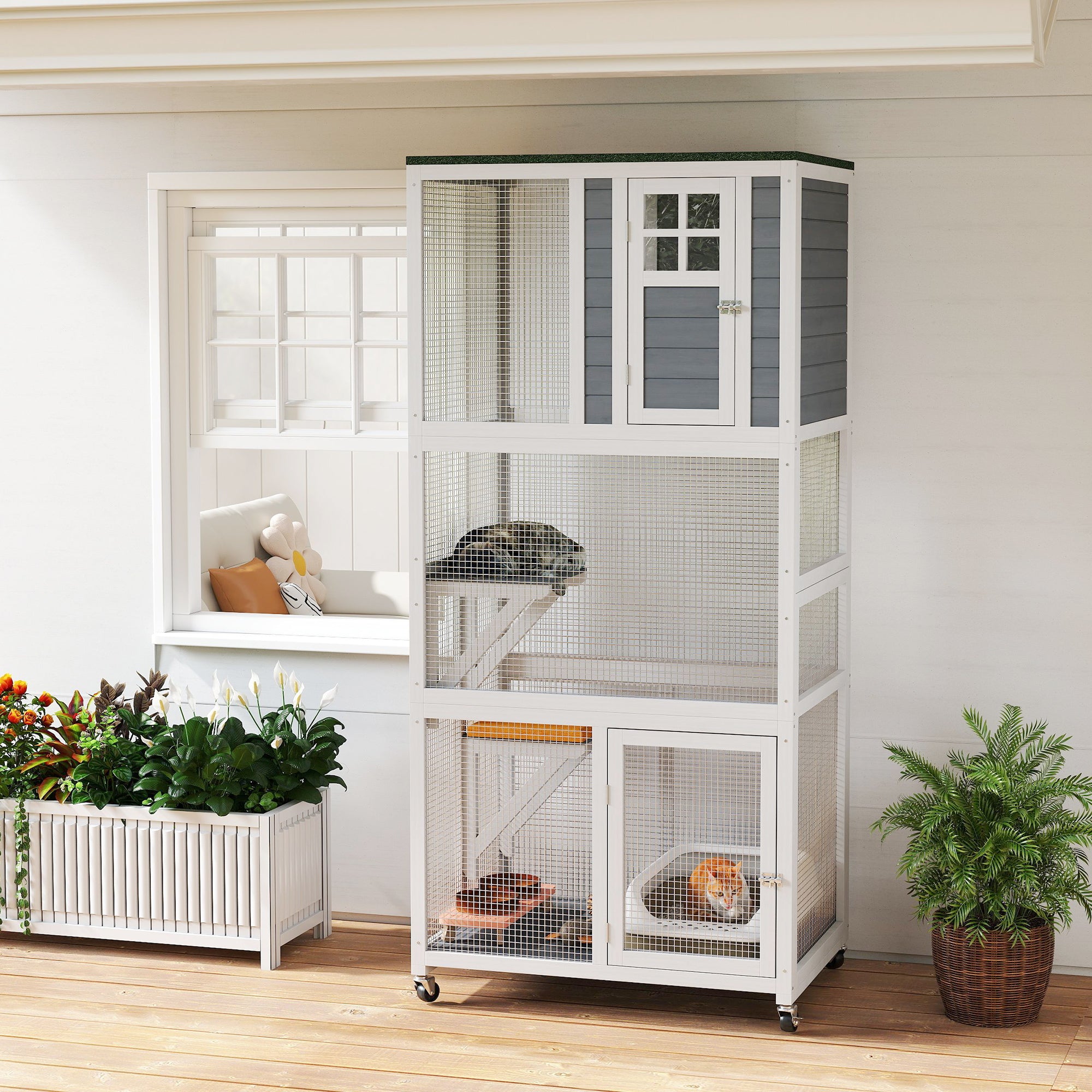 74" Wooden Outdoor Cat House - White Weatherproof Wheeled Enclosure-DECOROLALA