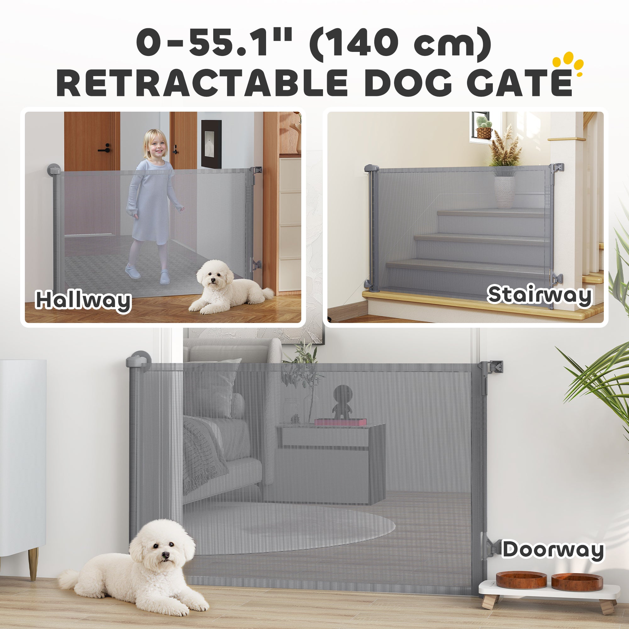 Retractable Dog Gate, 36.6" Tall,  Extends to 55" Wide, Mesh Pet Gate with Single Hand Operation, for Stairs, Doorways