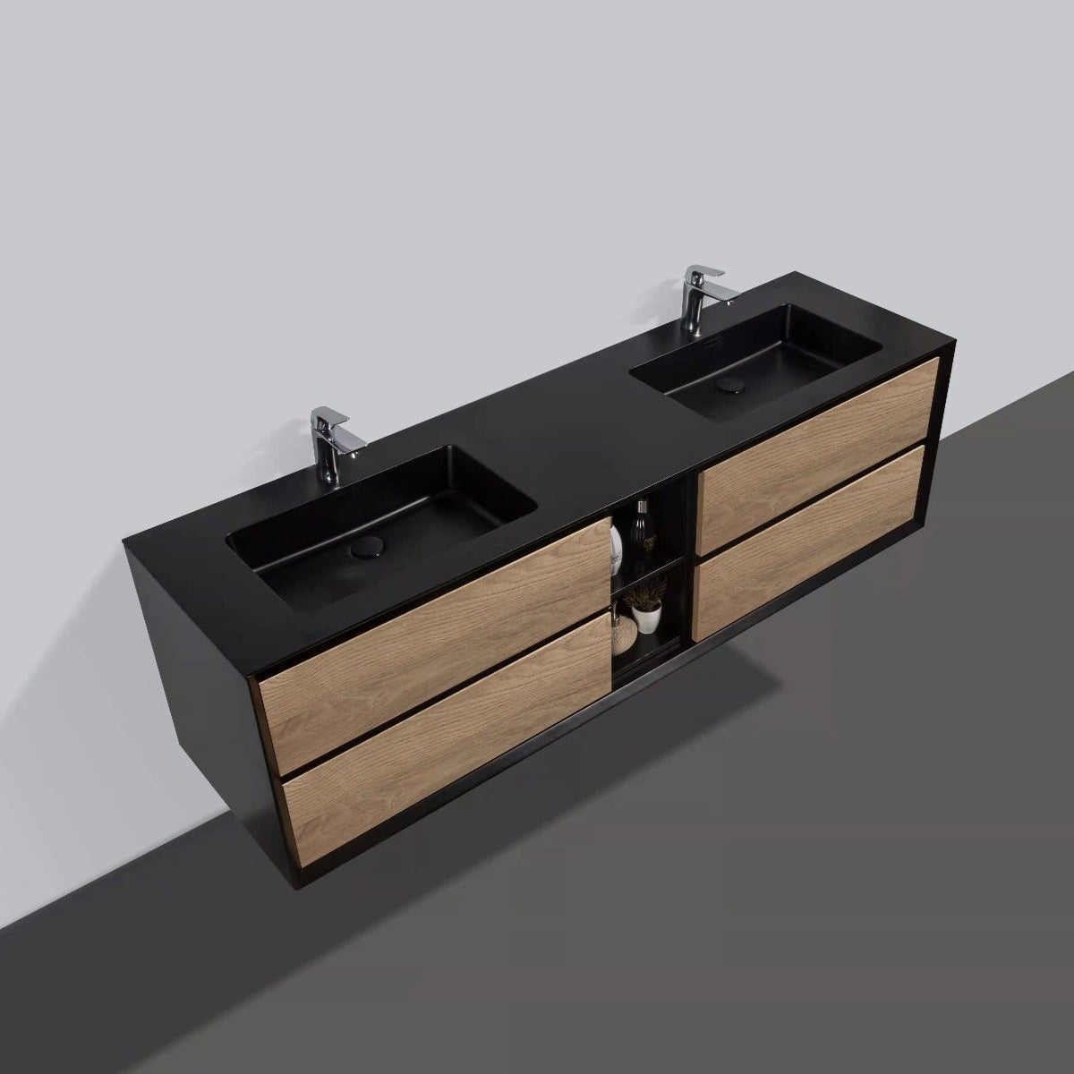 75" Black & Rough Oak Wall Mount Double Sink Bathroom Vanity with Black Engineered Quartz Countertop-Migration_Bathroom Vanities-DECOROLALA