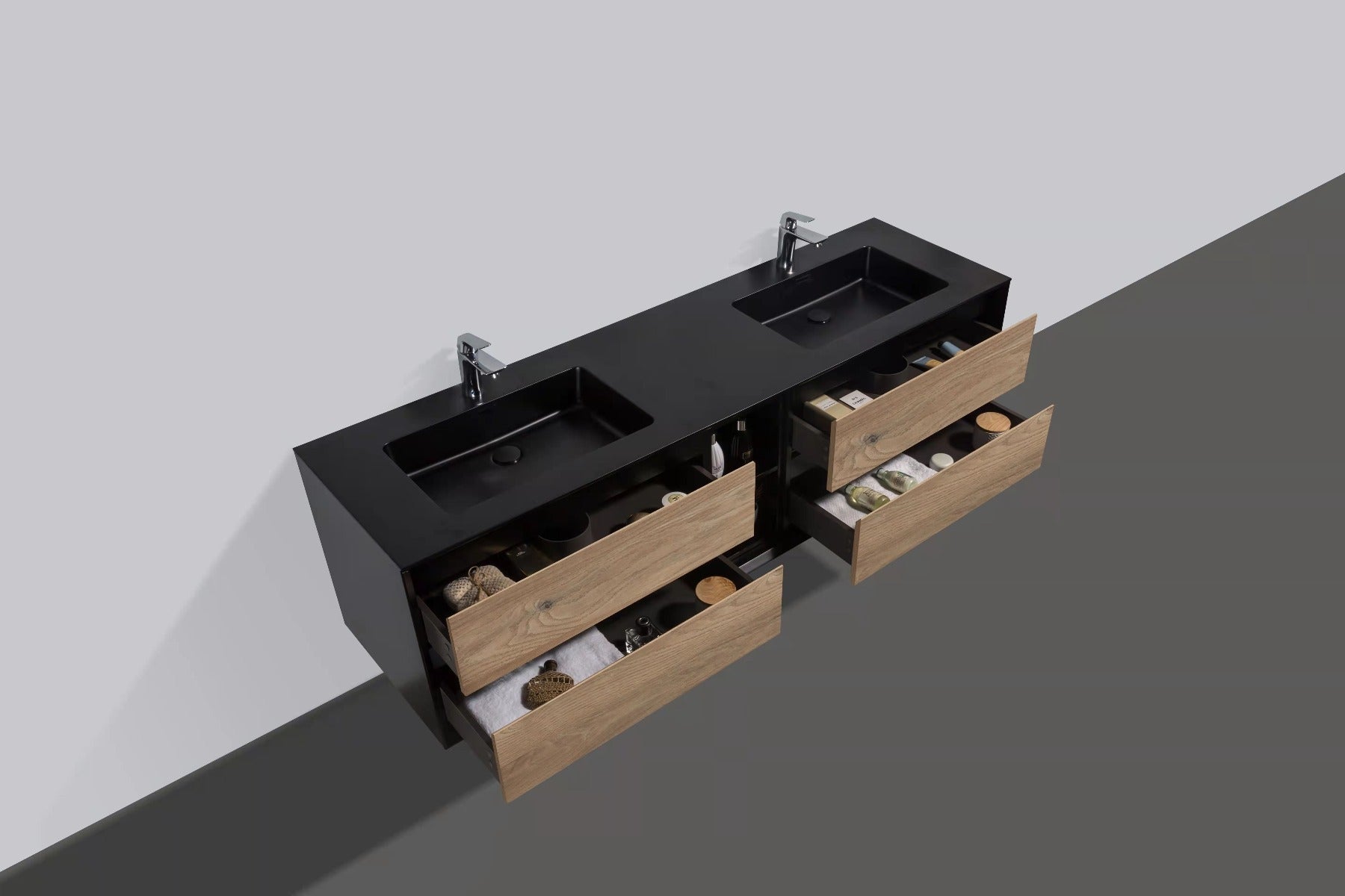 75" Black & Rough Oak Wall Mount Double Sink Bathroom Vanity with Black Engineered Quartz Countertop-Migration_Bathroom Vanities-DECOROLALA