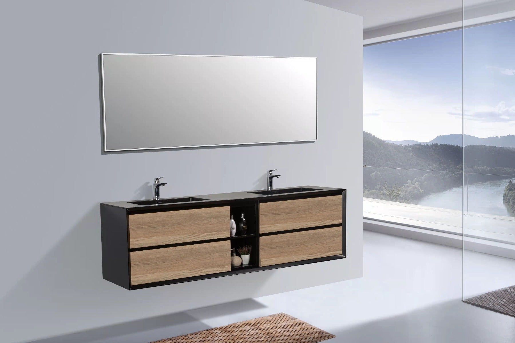 75" Black & Rough Oak Wall Mount Double Sink Bathroom Vanity with Black Engineered Quartz Countertop-Migration_Bathroom Vanities-DECOROLALA