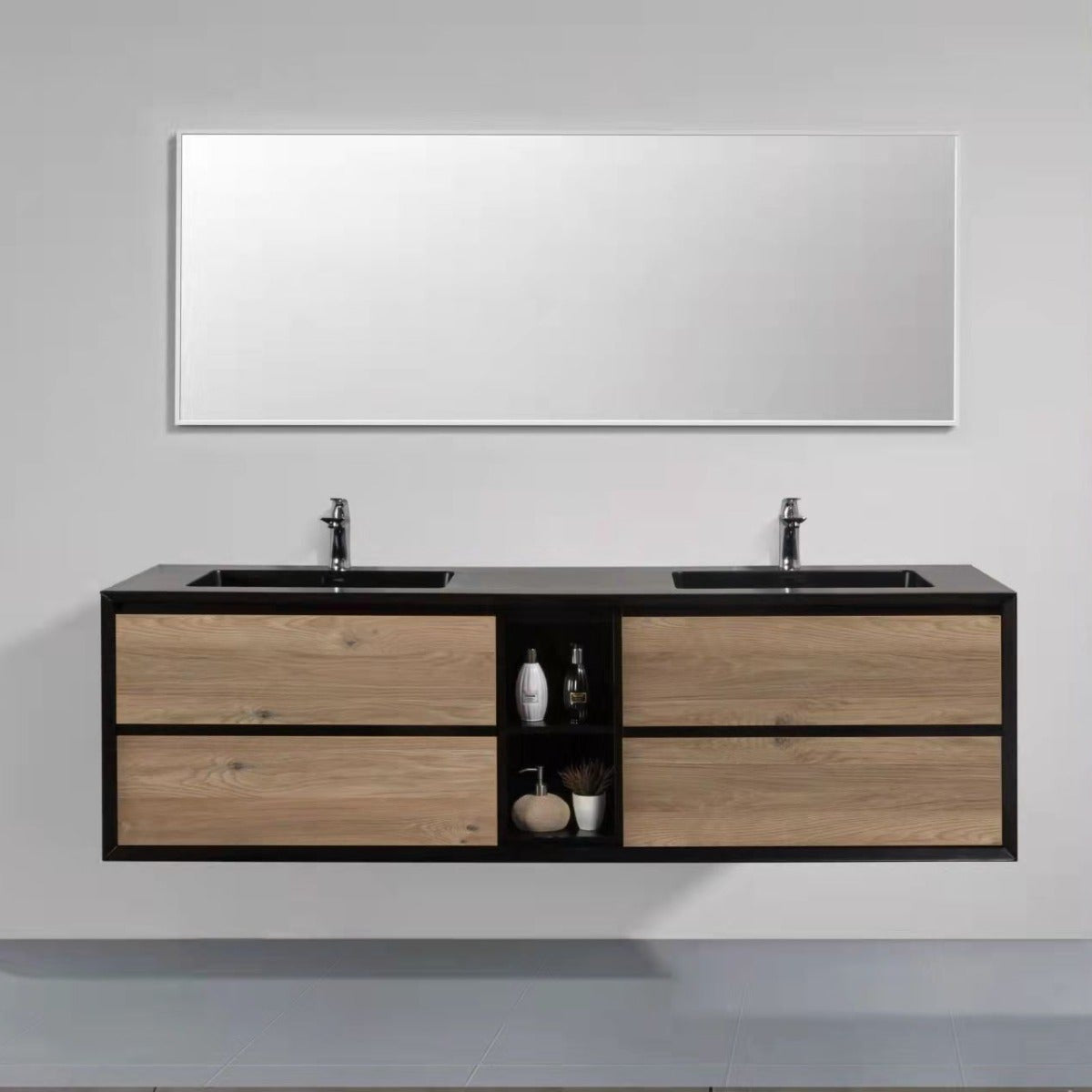 75" Black & Rough Oak Wall Mount Double Sink Bathroom Vanity with Black Engineered Quartz Countertop-Migration_Bathroom Vanities-DECOROLALA
