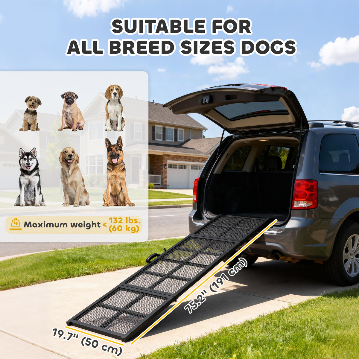 75" Folding Portable Dog Car Ramp - Extra Wide Steel Black-Dogs-DECOROLALA