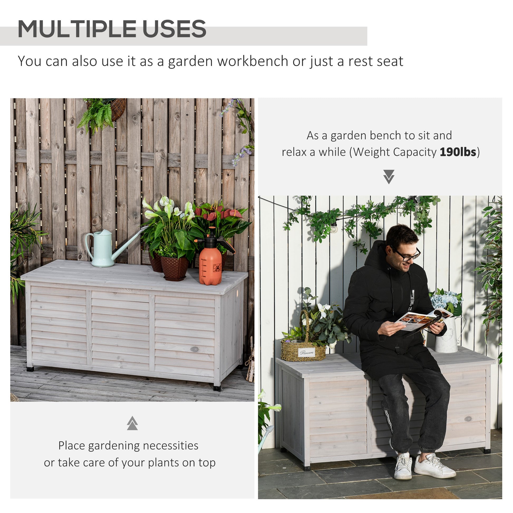 75 Gallon Wooden Deck Box - Grey Fir Wood Storage Bench-DECOROLALA