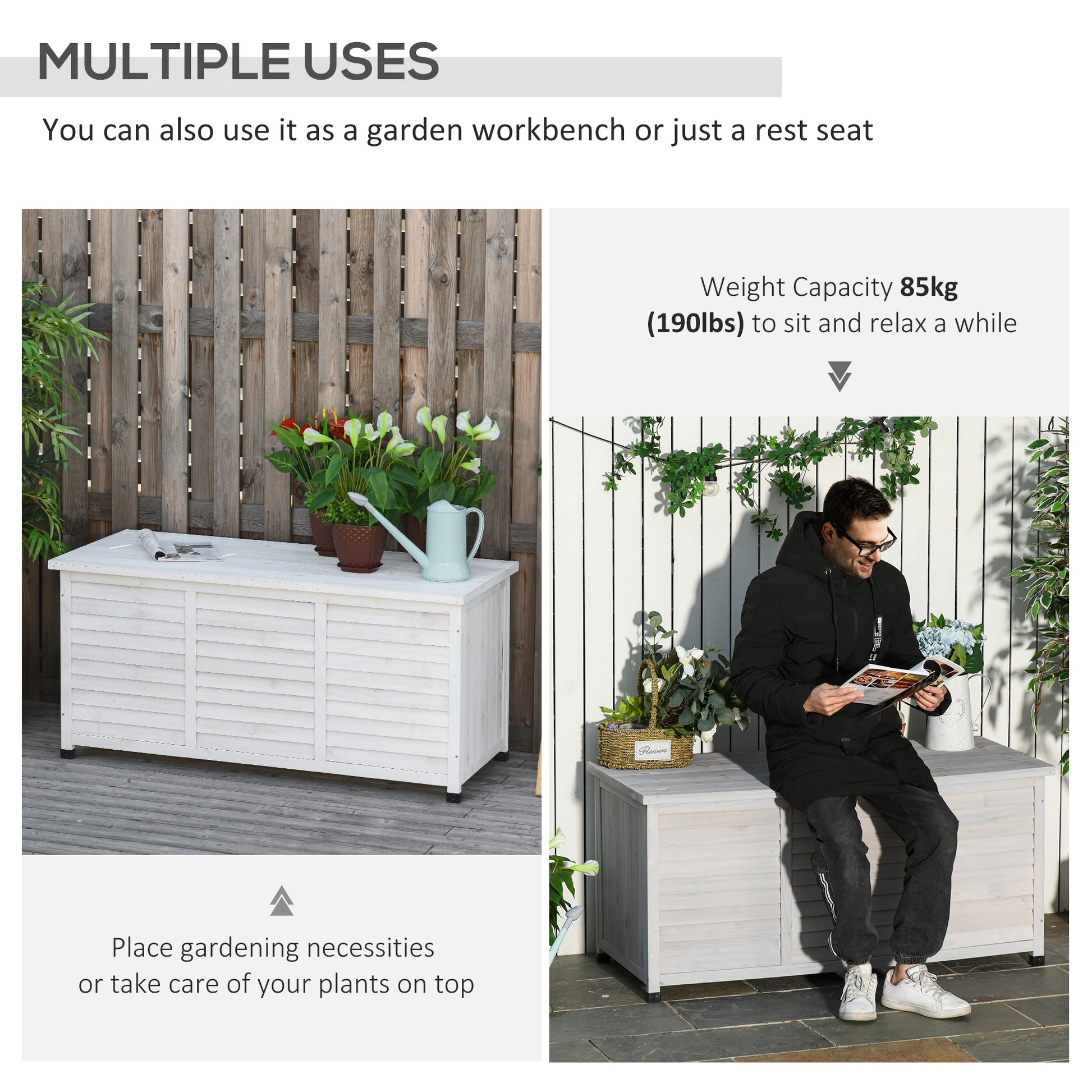 75 Gallon Wooden Outdoor Storage Deck Box Bench - White-DECOROLALA