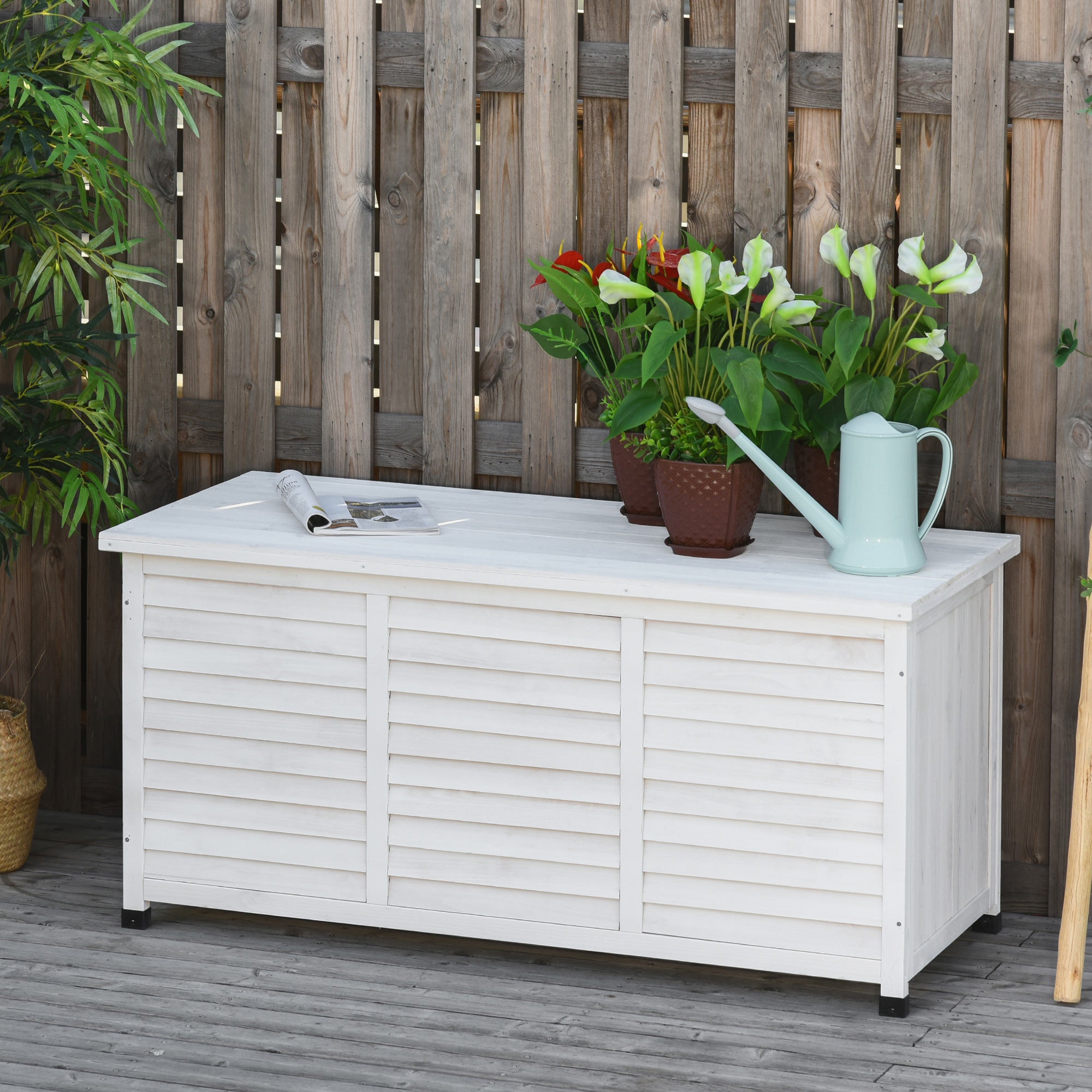 75 Gallon Wooden Outdoor Storage Deck Box Bench - White-DECOROLALA