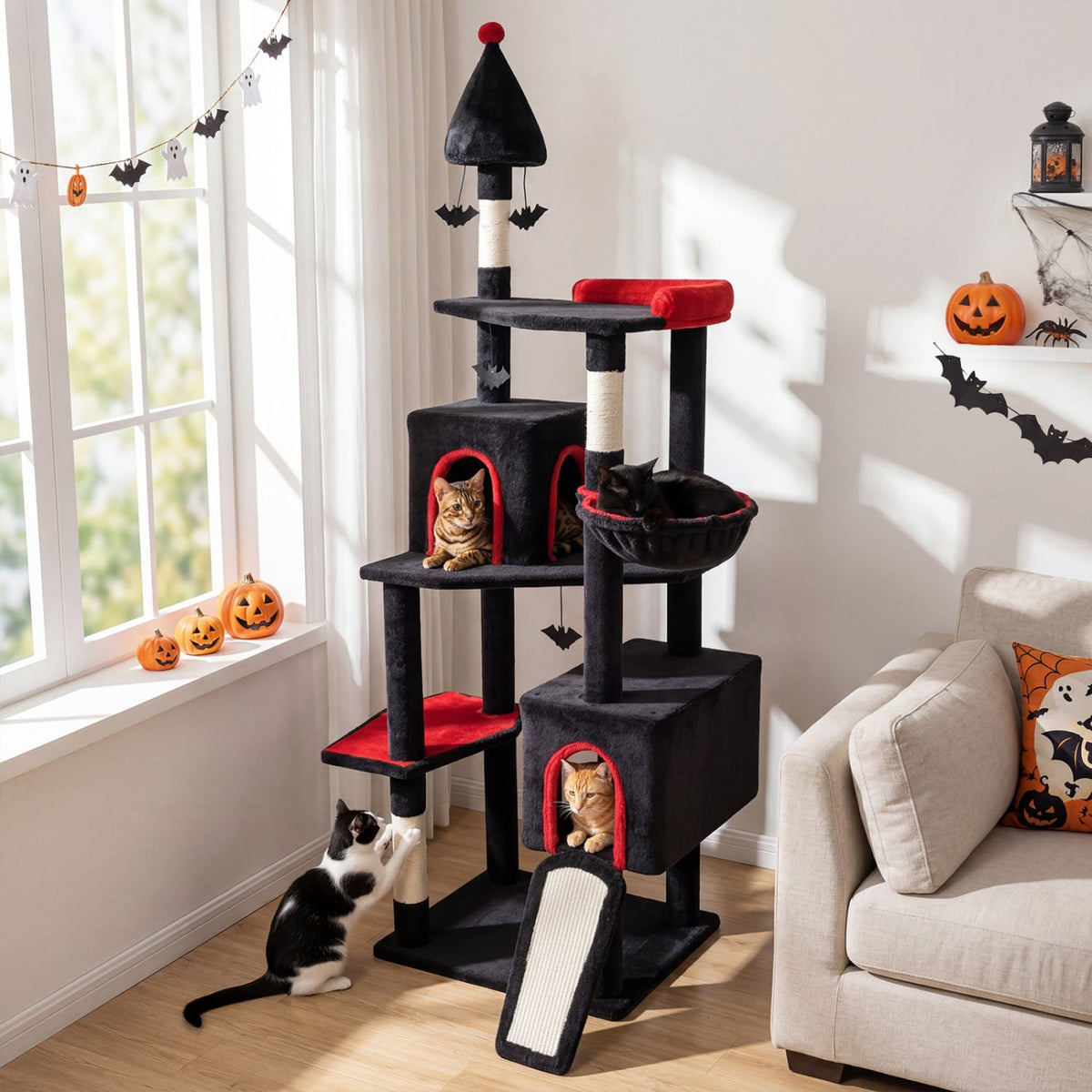 75 Inch Gothic Cat Tree with 2 Condos and Top Perch for Large Cats 20+ LBS-Black-Cat Trees & Scratchers-DECOROLALA