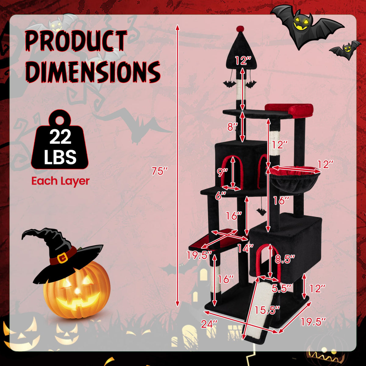75 Inch Gothic Cat Tree with 2 Condos and Top Perch for Large Cats 20+ LBS-Black-Cat Trees & Scratchers-DECOROLALA