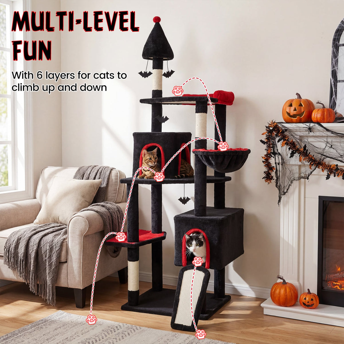 75 Inch Gothic Cat Tree with 2 Condos and Top Perch for Large Cats 20+ LBS-Black-Cat Trees & Scratchers-DECOROLALA