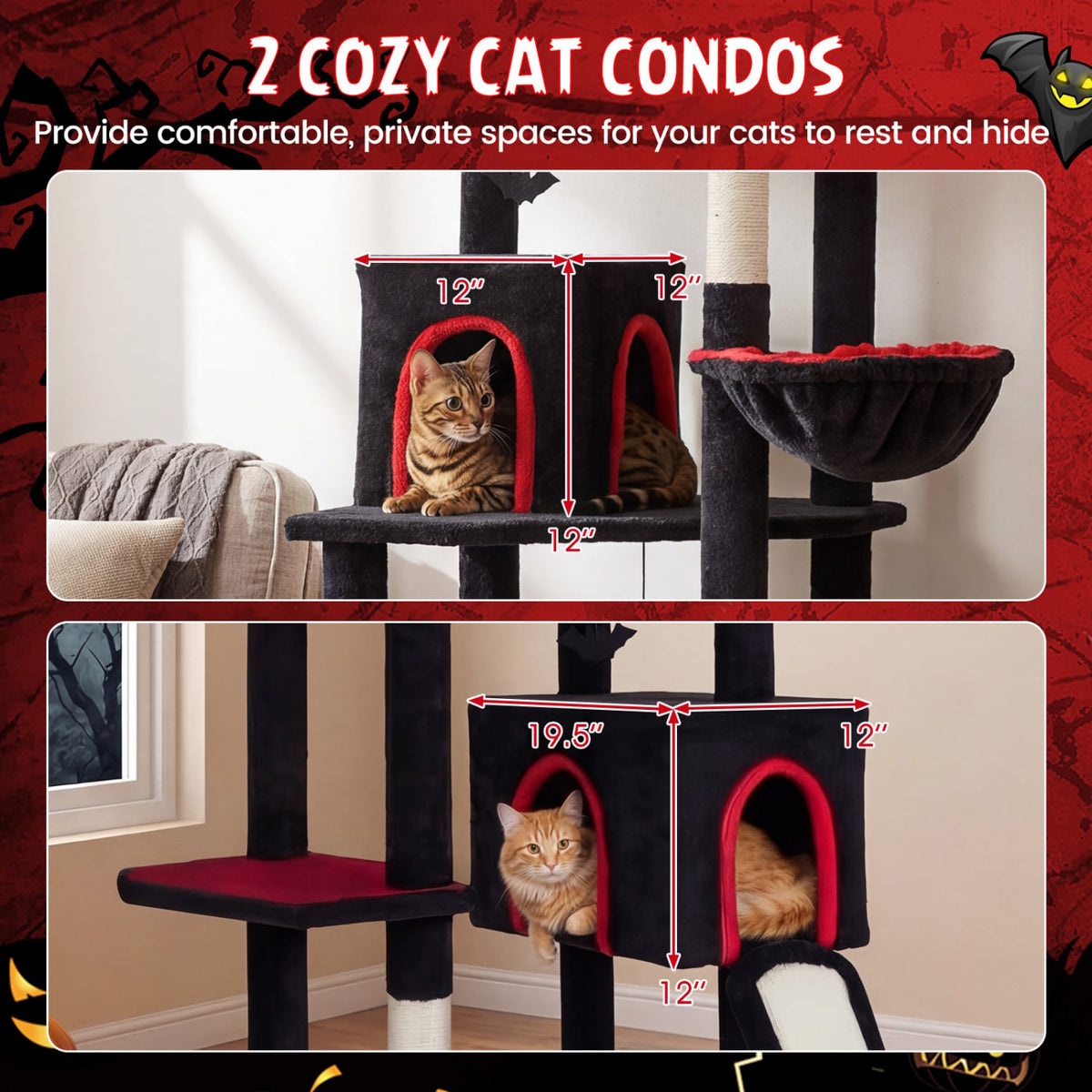 75 Inch Gothic Cat Tree with 2 Condos and Top Perch for Large Cats 20+ LBS-Black-Cat Trees & Scratchers-DECOROLALA