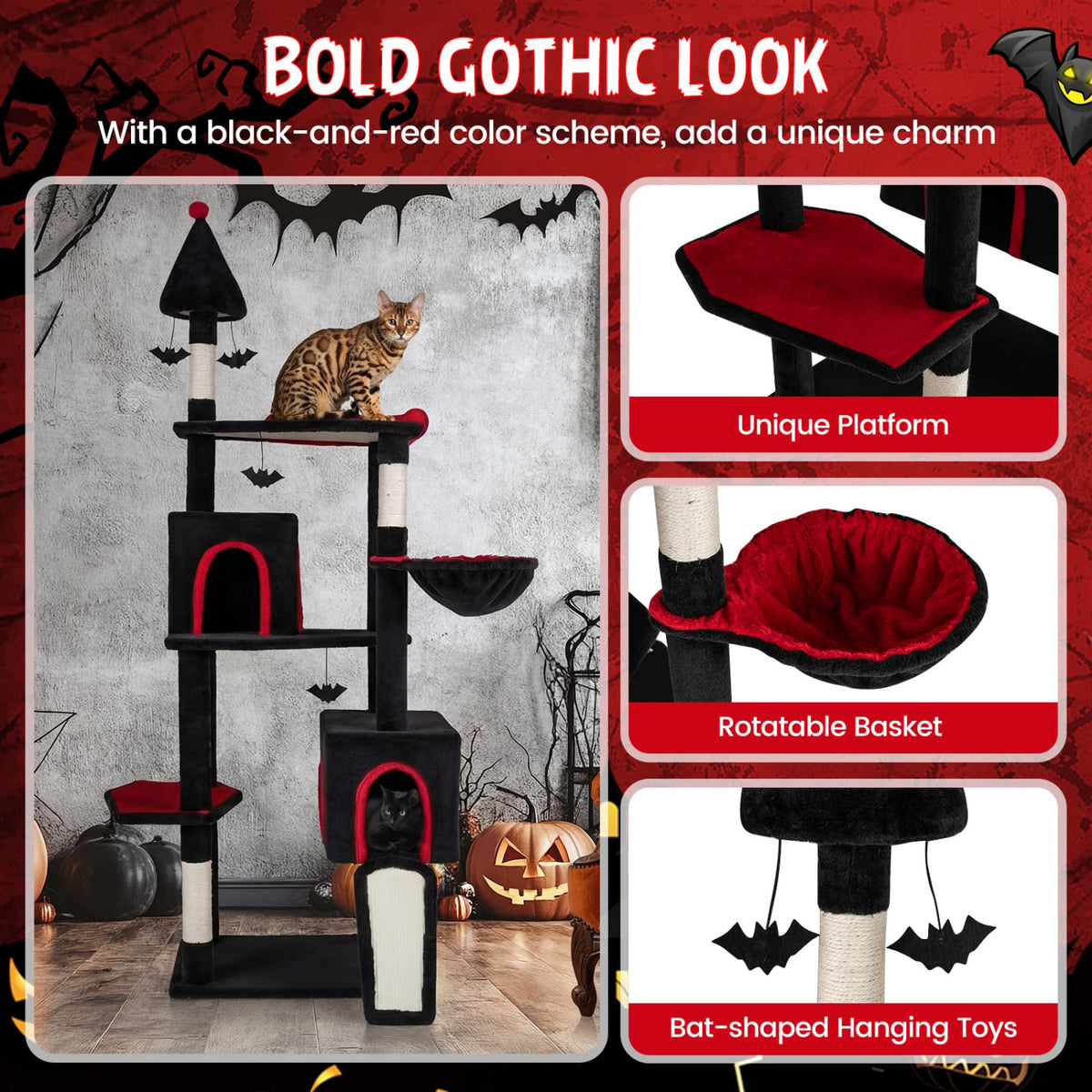 75 Inch Gothic Cat Tree with 2 Condos and Top Perch for Large Cats 20+ LBS-Black-Cat Trees & Scratchers-DECOROLALA