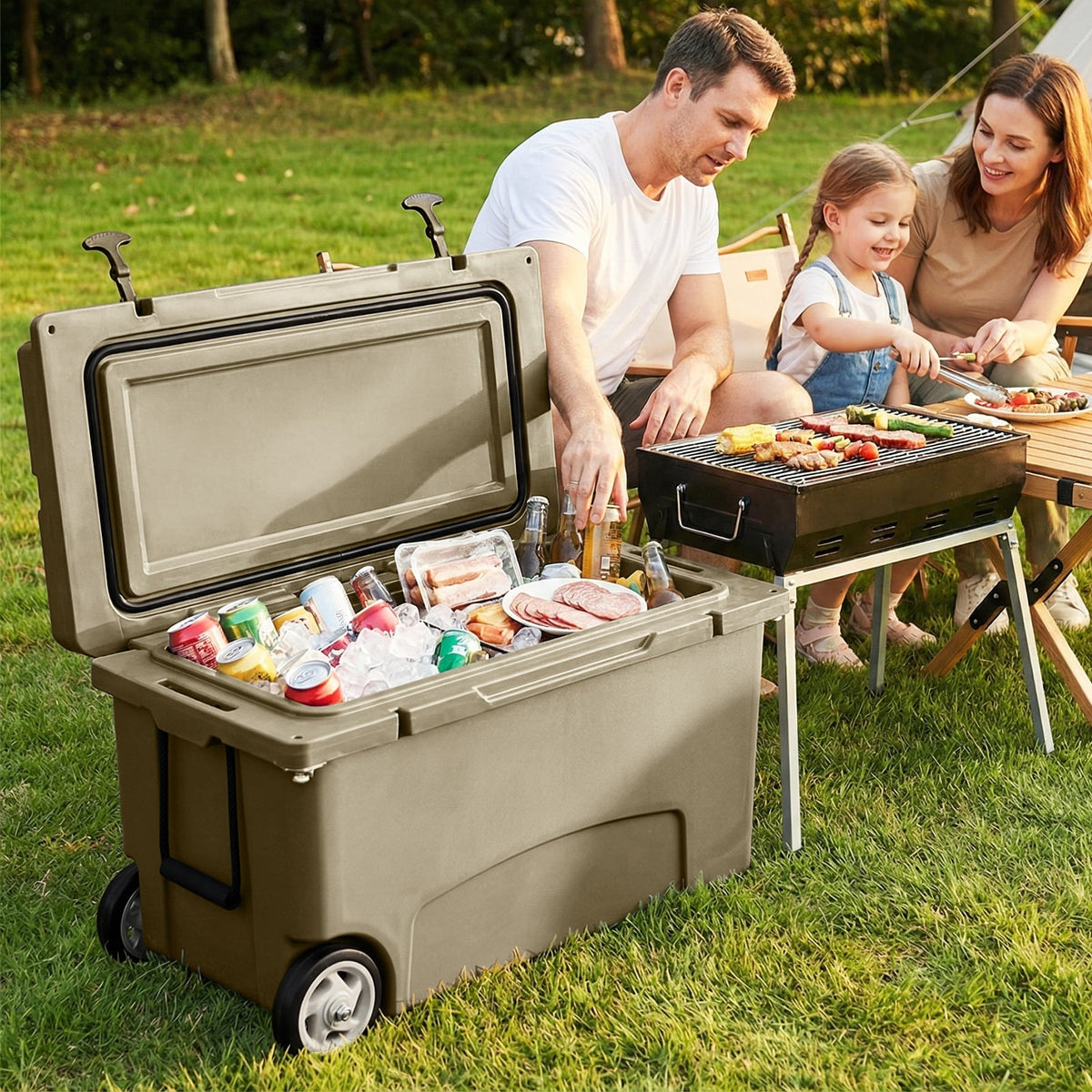 75 Quart Portable Hard Cooler with 6-Day Ice Retention and Wheels-Khaki-Coolers-DECOROLALA