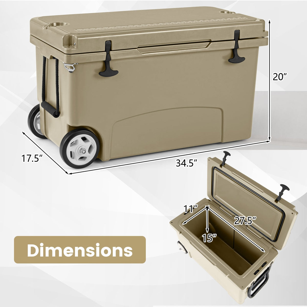 75 Quart Portable Hard Cooler with 6-Day Ice Retention and Wheels-Khaki-Coolers-DECOROLALA