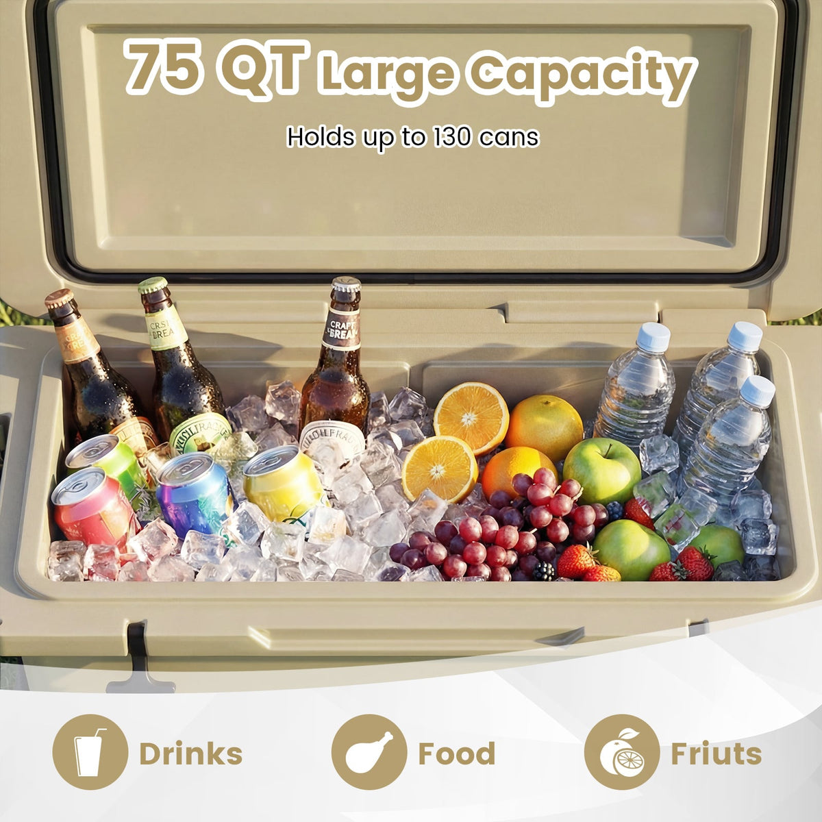 75 Quart Portable Hard Cooler with 6-Day Ice Retention and Wheels-Khaki-Coolers-DECOROLALA