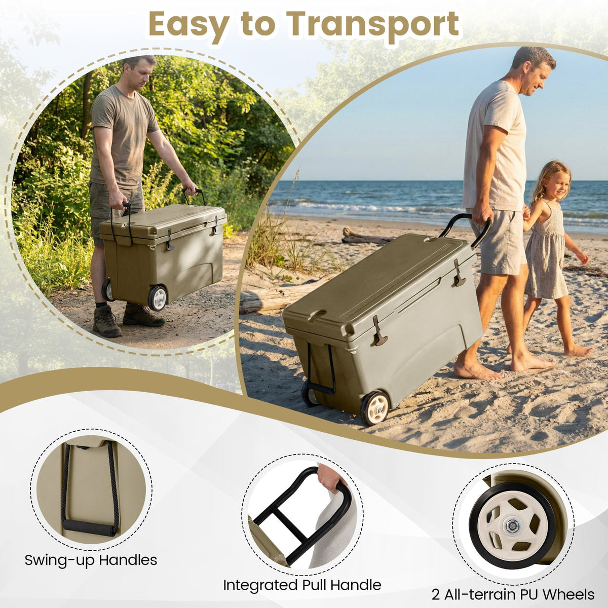 75 Quart Portable Hard Cooler with 6-Day Ice Retention and Wheels-Khaki-Coolers-DECOROLALA