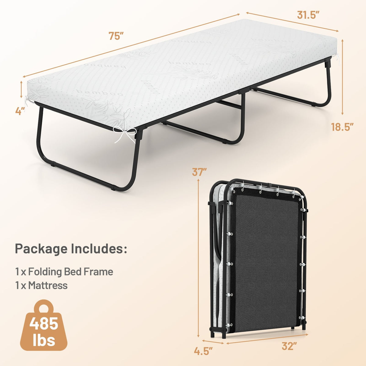 75 x 31 Inch Folding Bed with Mattress Cot Size with Memory Foam-Folding Beds-DECOROLALA