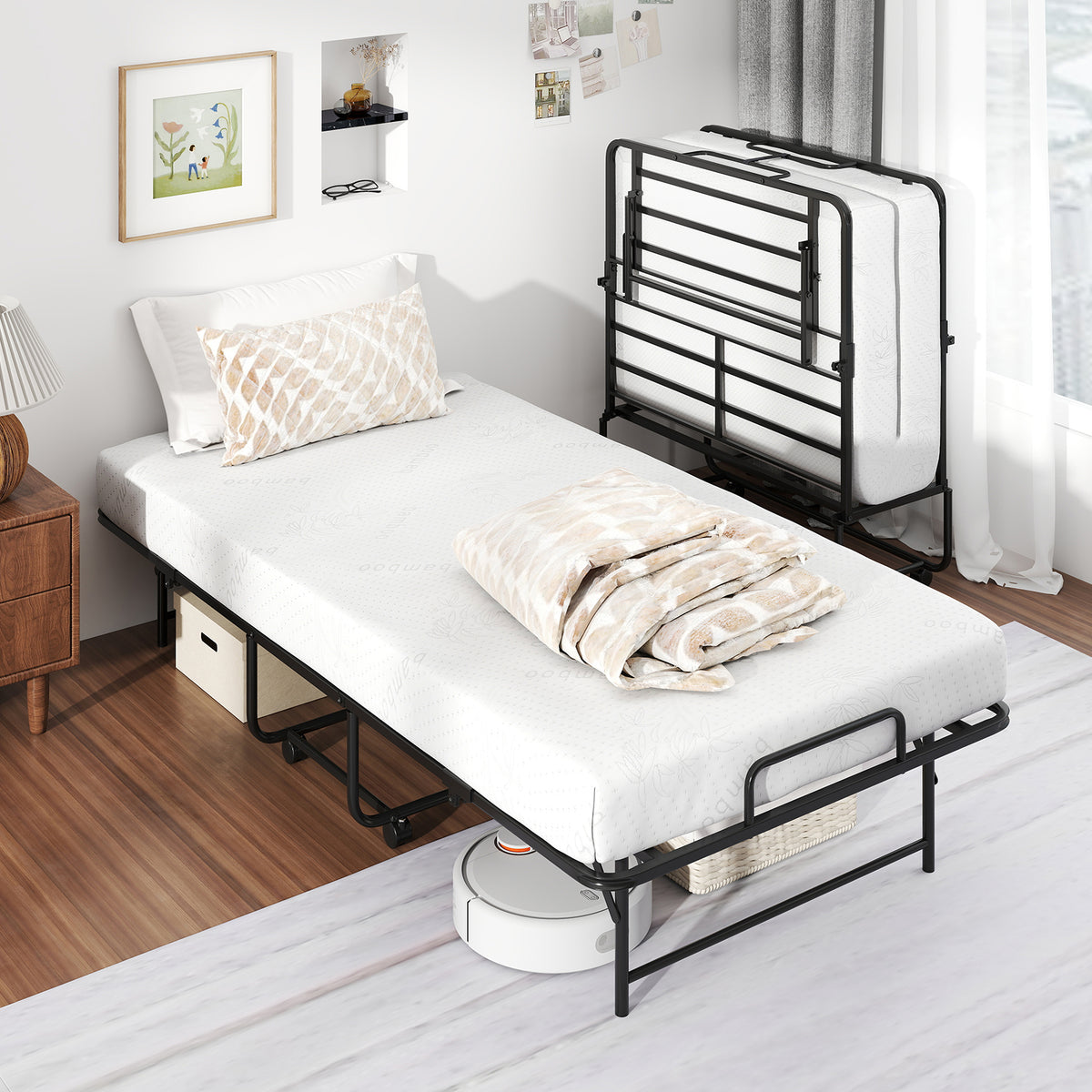 75 x 38 Inch Folding Bed with Mattress Twin Size Rolling Guest Bed-Folding Beds-DECOROLALA