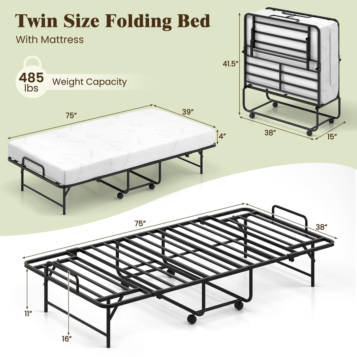 75 x 38 Inch Folding Bed with Mattress Twin Size Rolling Guest Bed-Folding Beds-DECOROLALA