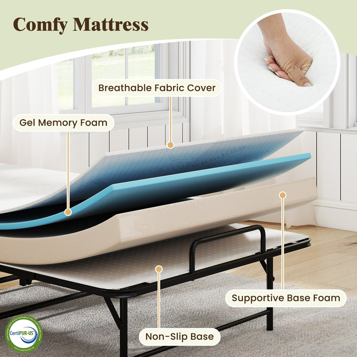 75 x 38 Inch Folding Bed with Mattress Twin Size Rolling Guest Bed-Folding Beds-DECOROLALA