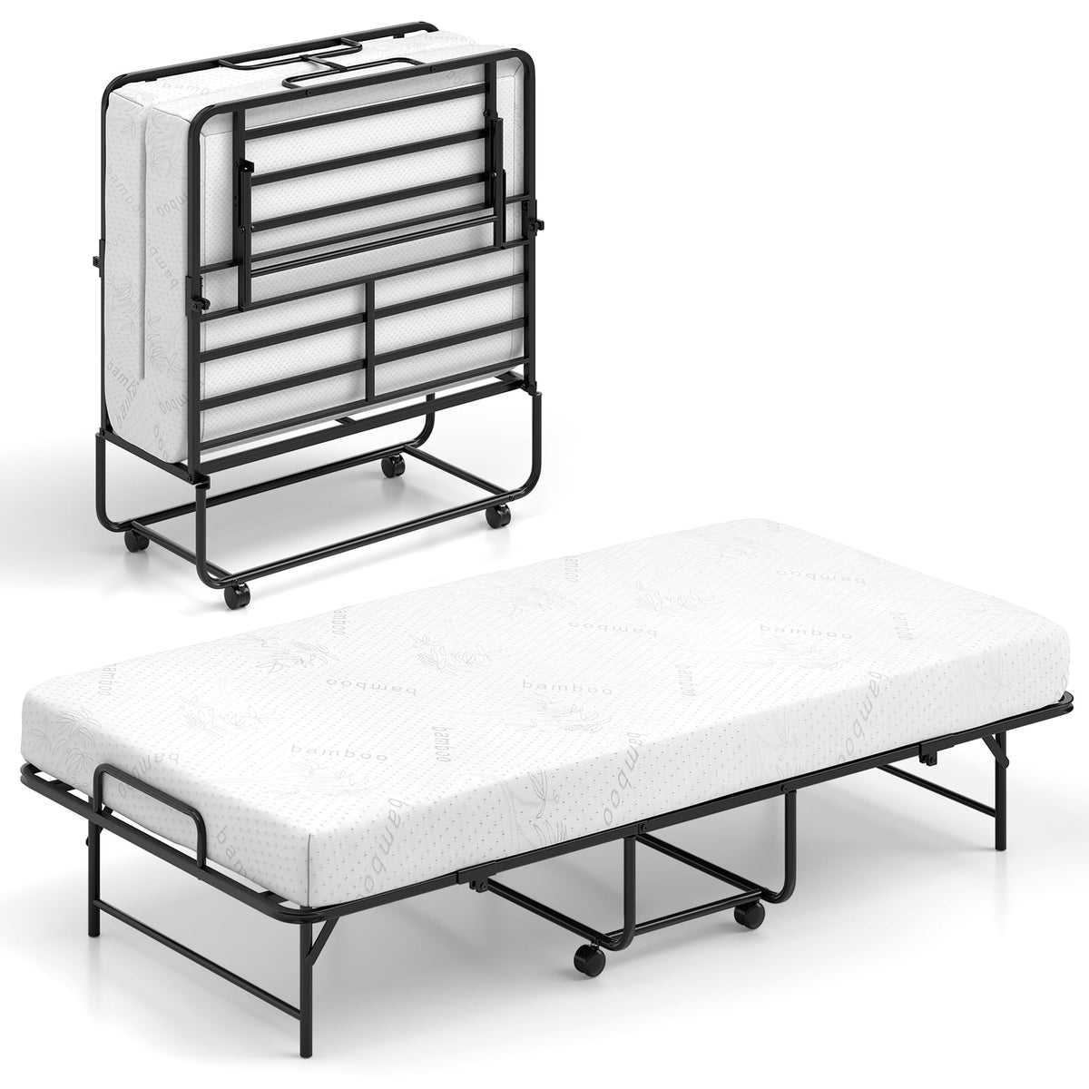 75 x 38 Inch Folding Bed with Mattress Twin Size Rolling Guest Bed-Folding Beds-DECOROLALA
