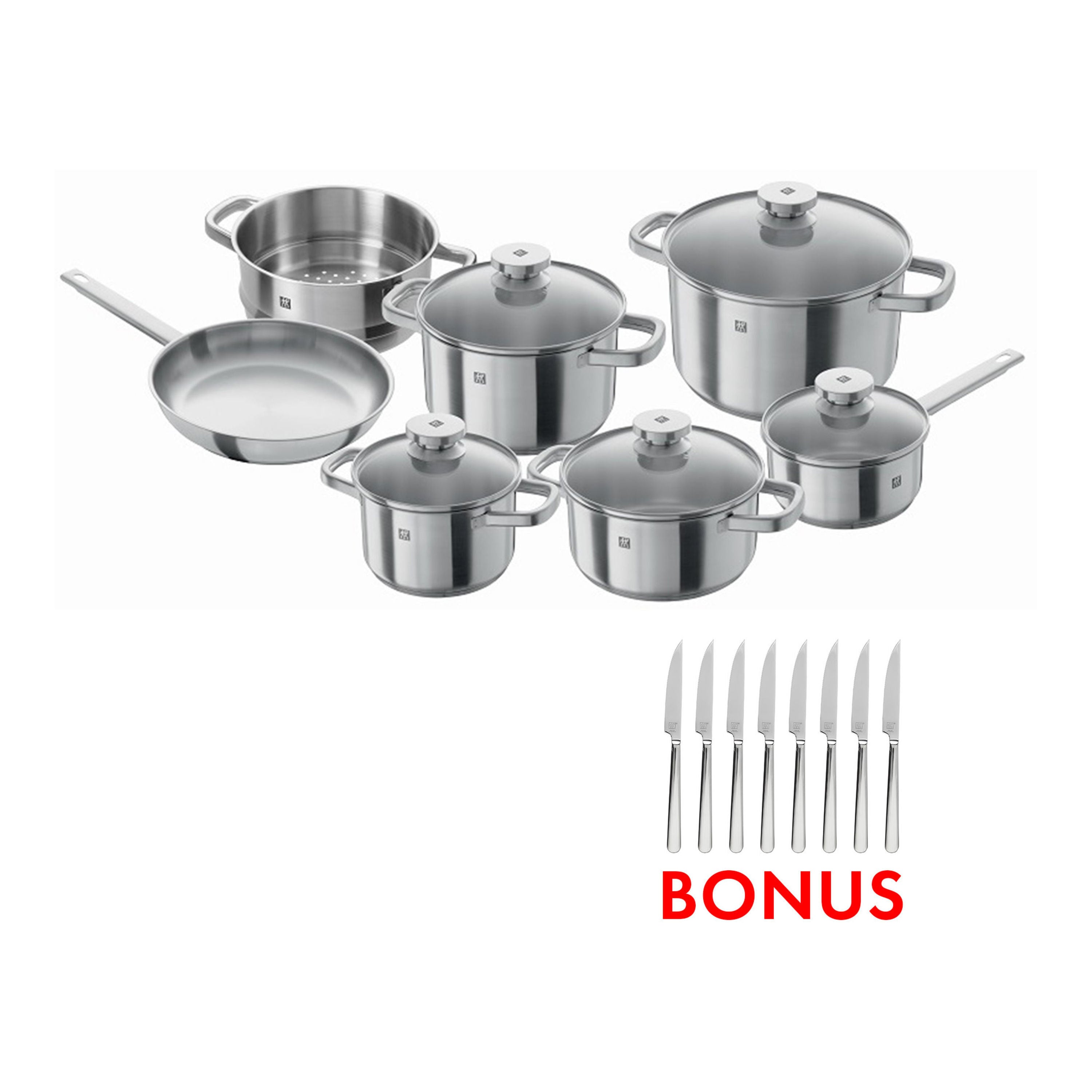 ZWILLING Joy Pot Set With Bonus Steak Set, 12 Piece 18/10 Stainless Steel-n/a-DECOROLALA