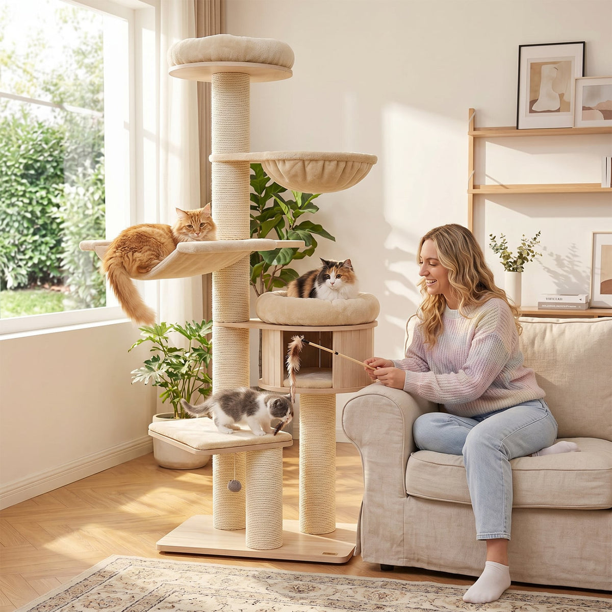 75.5" Tall Cat Tree with 7 Sisal Posts & Hanging Basket and Hammock for Indoor-Beige-Cat Trees & Scratchers-DECOROLALA